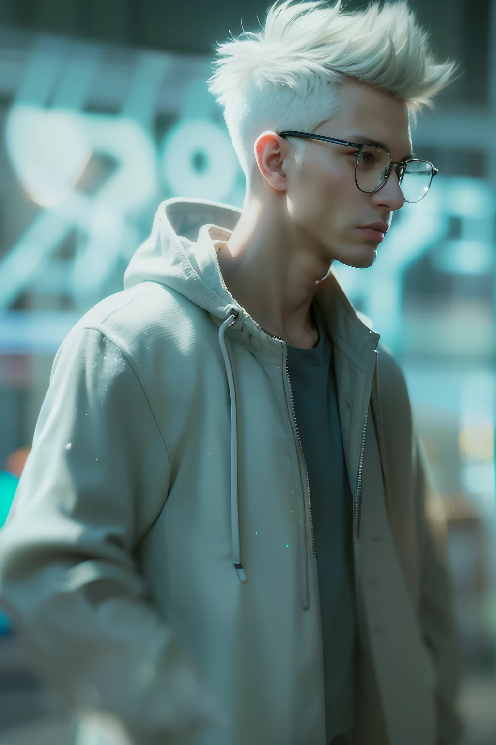 ( 
    (Character: one man, 20 years old, white hair, clean-shaven, slim body)
    (Clothing: mint green coat, glasses, explorer backpack, sneakers)
    (Pose: upper body shot:1.7, dynamic pose)
    (blurry, intense urban lights in background) 
    (Style: ((masterpiece:1.5)), (face detailed), photo-realistic:1.3, hyperrealistic, foggy, high contrast, shiny skin, soft lighting, backlighting, bloom, light sparkles, chromatic aberration)