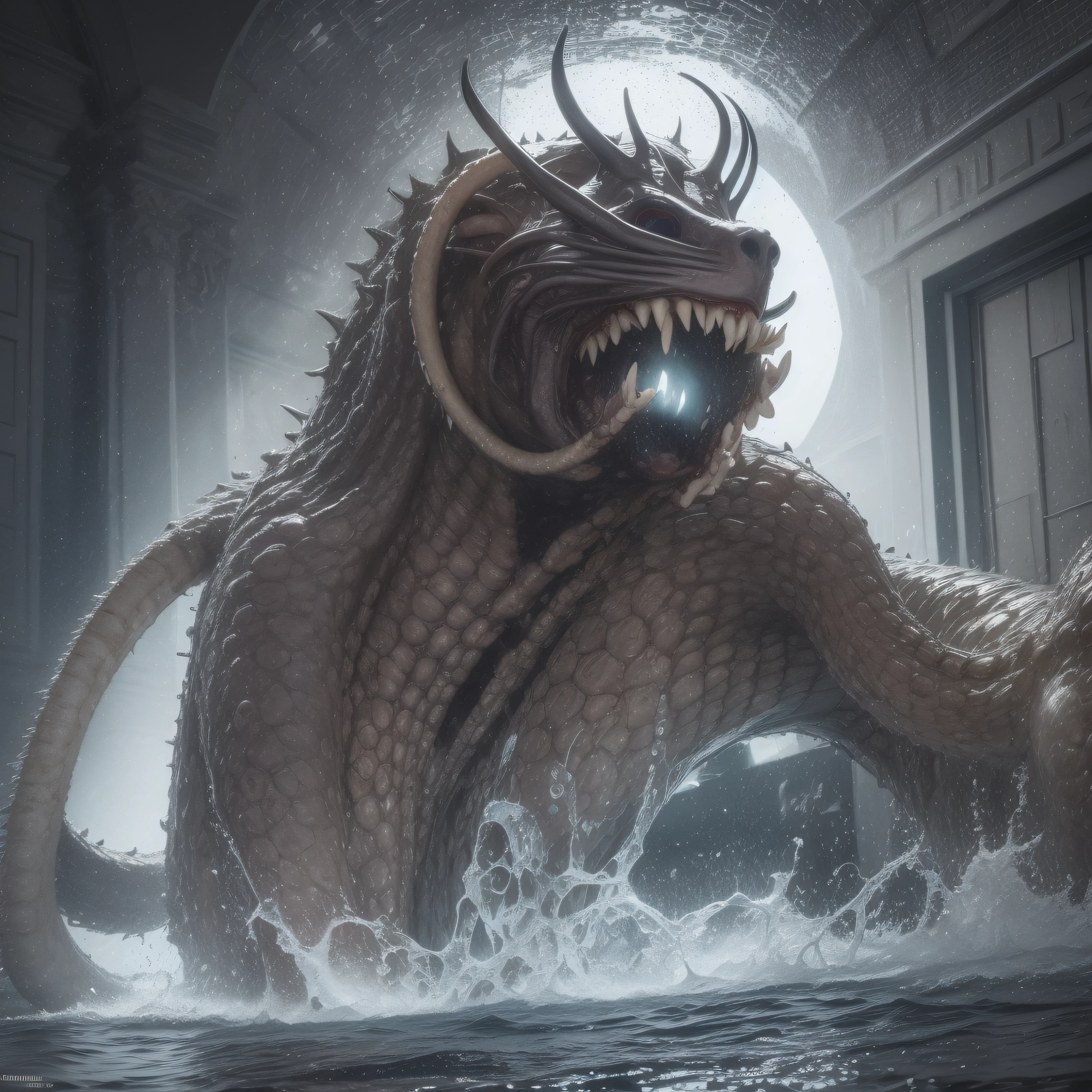 (extremadamente detallado, obra maestra, La mejor calidad), Estilo oscuro, intense illumination, una persona siendo atacada por una medusa gigante, rostro con arrugas, lengua larga, tentacle, deforme, monstruoso, interior de una piscina de agua verdosa, imagen submarina, alien con Colmillos finos, pico de pulpo amenazante. manchas de tinta. Rococo composition. Luz de caravaggio