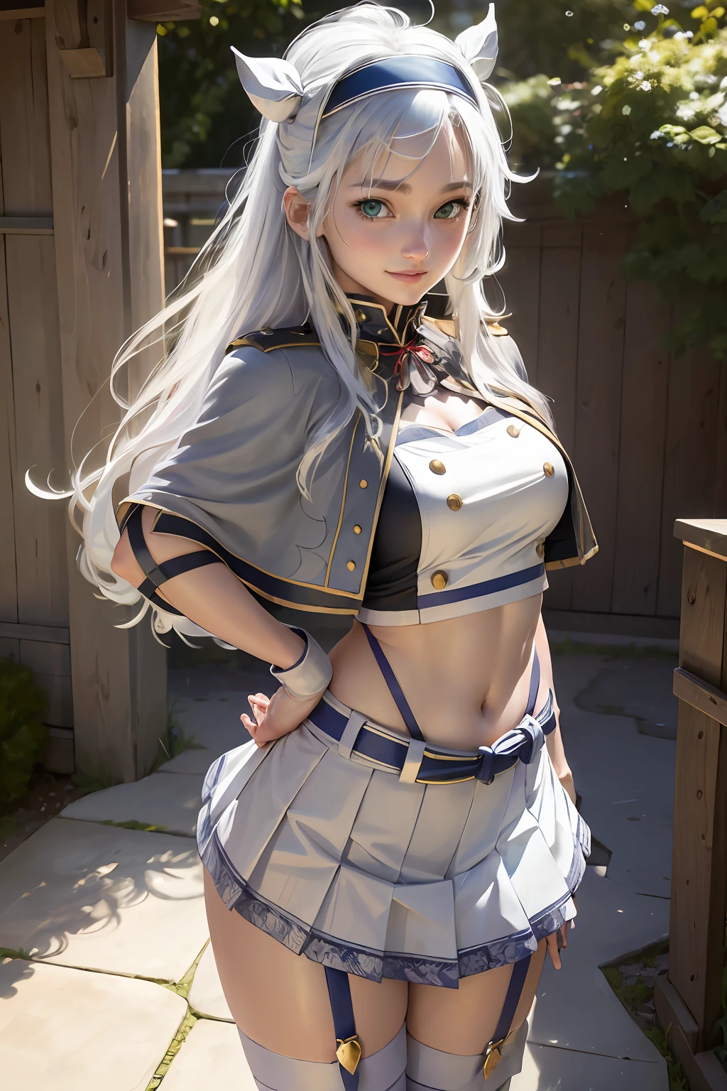 (masterpiece, best quality, ultra high res, (photo realistic:1.3), raw photo, expressive eyes, perfect face, beautiful girl, japanese girl, teen, young, 16, years old, smiling, Sistine fibel, sistineFibeldef, sistineFibelrnd, White hair, green eyes, capelet, crop top, gold trim, hair band, long hair, looking at viewer, midriff, miniskirt, navel, pleated skirt, shirt, skirt, stomach, white shirt, White skirt,