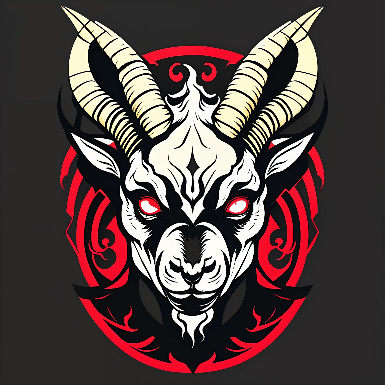 Goat-headed demon，evil，The demons，Circular composition，Vector image, T-shirt design，White background，as a t-shirt logo in the style of art