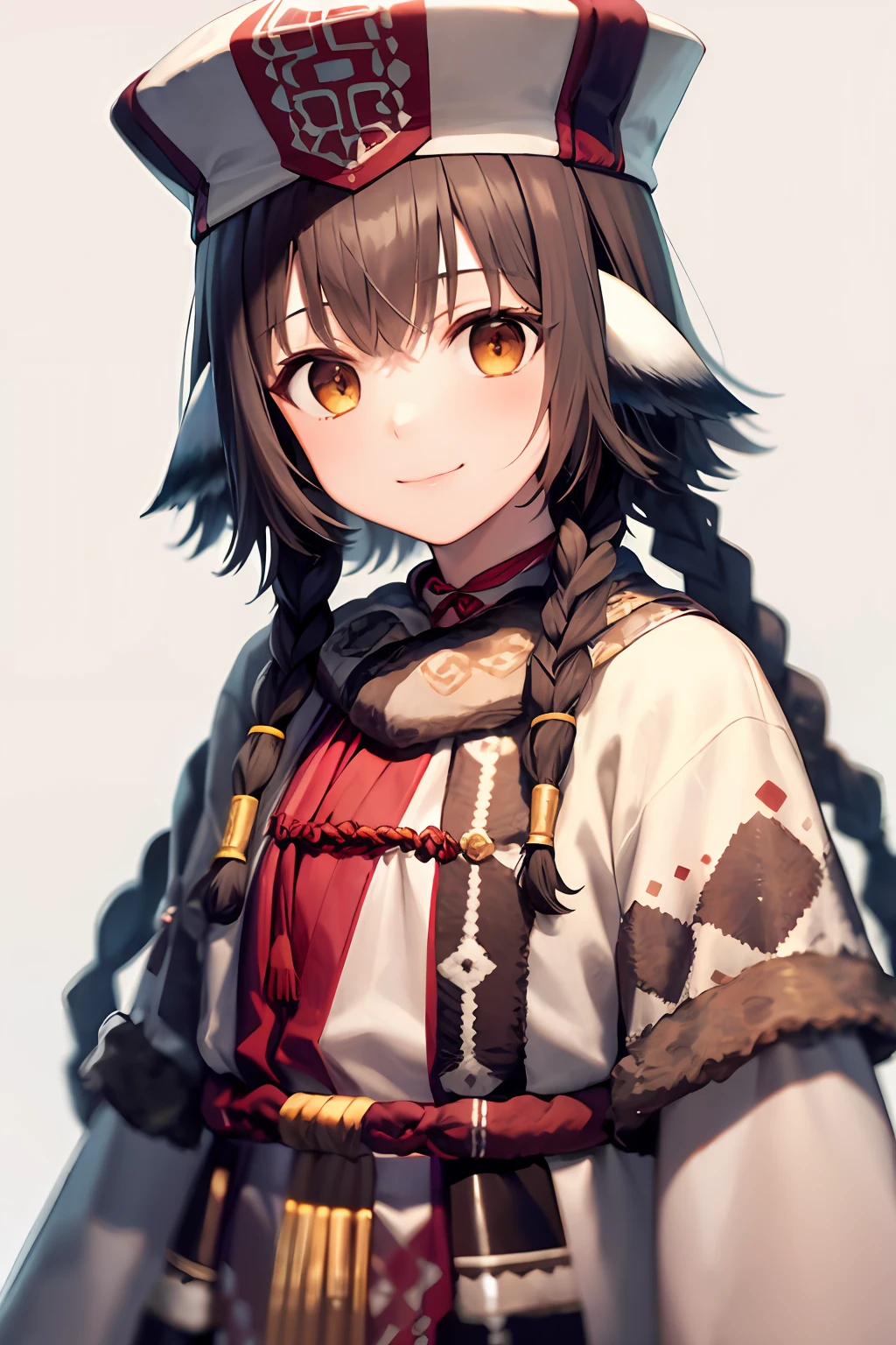 masterpiece, best quality,1girl,smile, solo, long hair, braid, hat, animal ears, brown eyes, hair tubes, brown hair, ainu clothes,grey background,