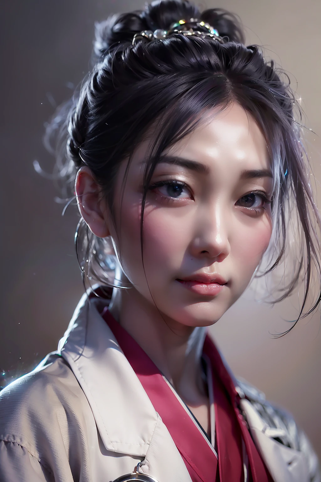 (
(Character: one chinese woman, 40 years old, medical examiner, high bun in the hair, small smile)
(Clothing: medical coat, gray hakama pants, flat shoes)
(Pose: upper body shot:1.7, dynamic pose)
(blurry, intense urban lights in background)
(Style: ((masterpiece:1.5)), (face detailed), photo-realistic:1.3, hyperrealistic, foggy, high contrast, shiny skin, soft lighting, backlighting, bloom, light sparkles, chromatic aberration)