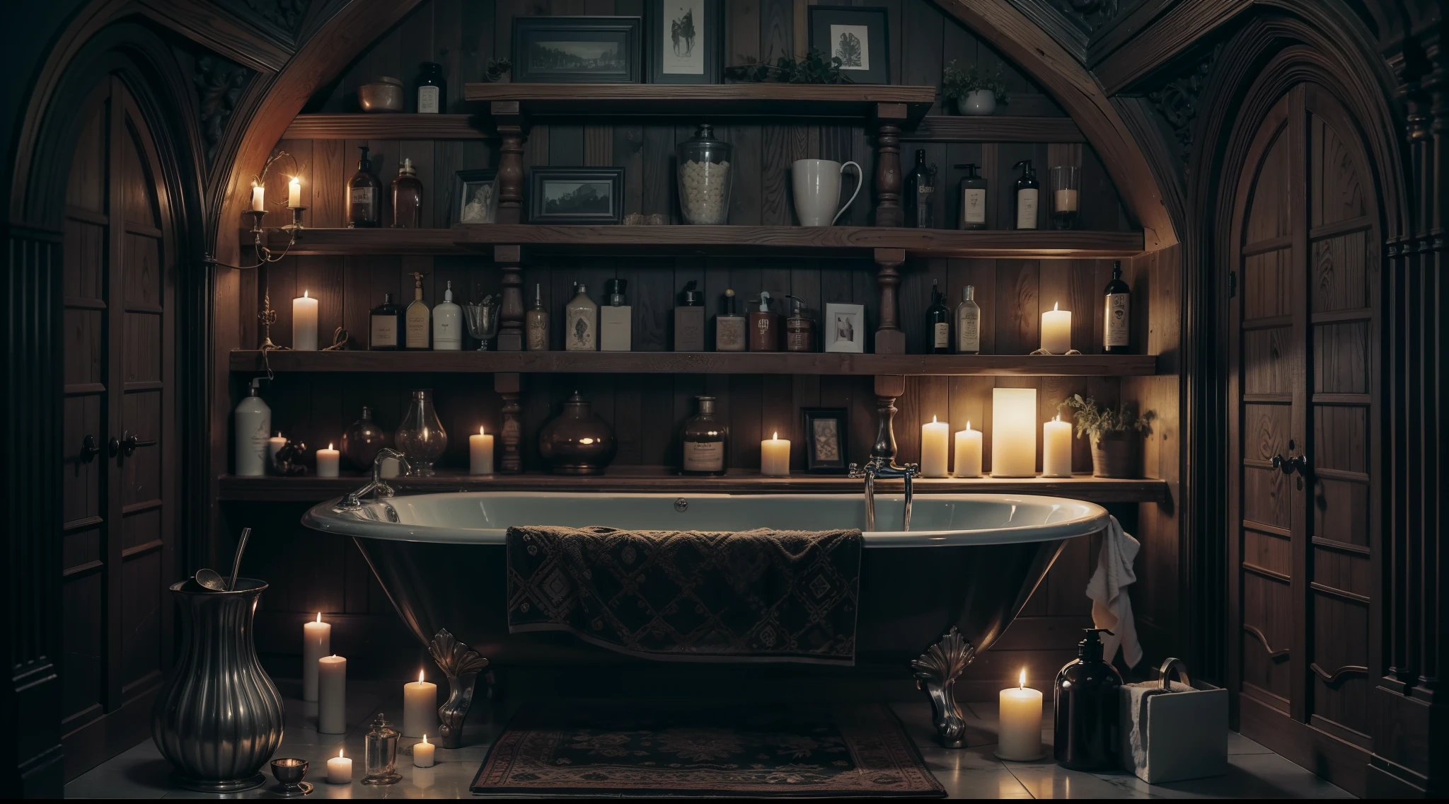 a dark night、Bathroom in a Western-style house deep in a dark and mysterious forest、Close-up of shelves、Shampoos、Towels, etc..、Magical、, interior architecture, Gothic art, Verism, One-person viewpoint, From the outside, canon, Super Detail, High quality, hight resolution, 8K, Best Quality
