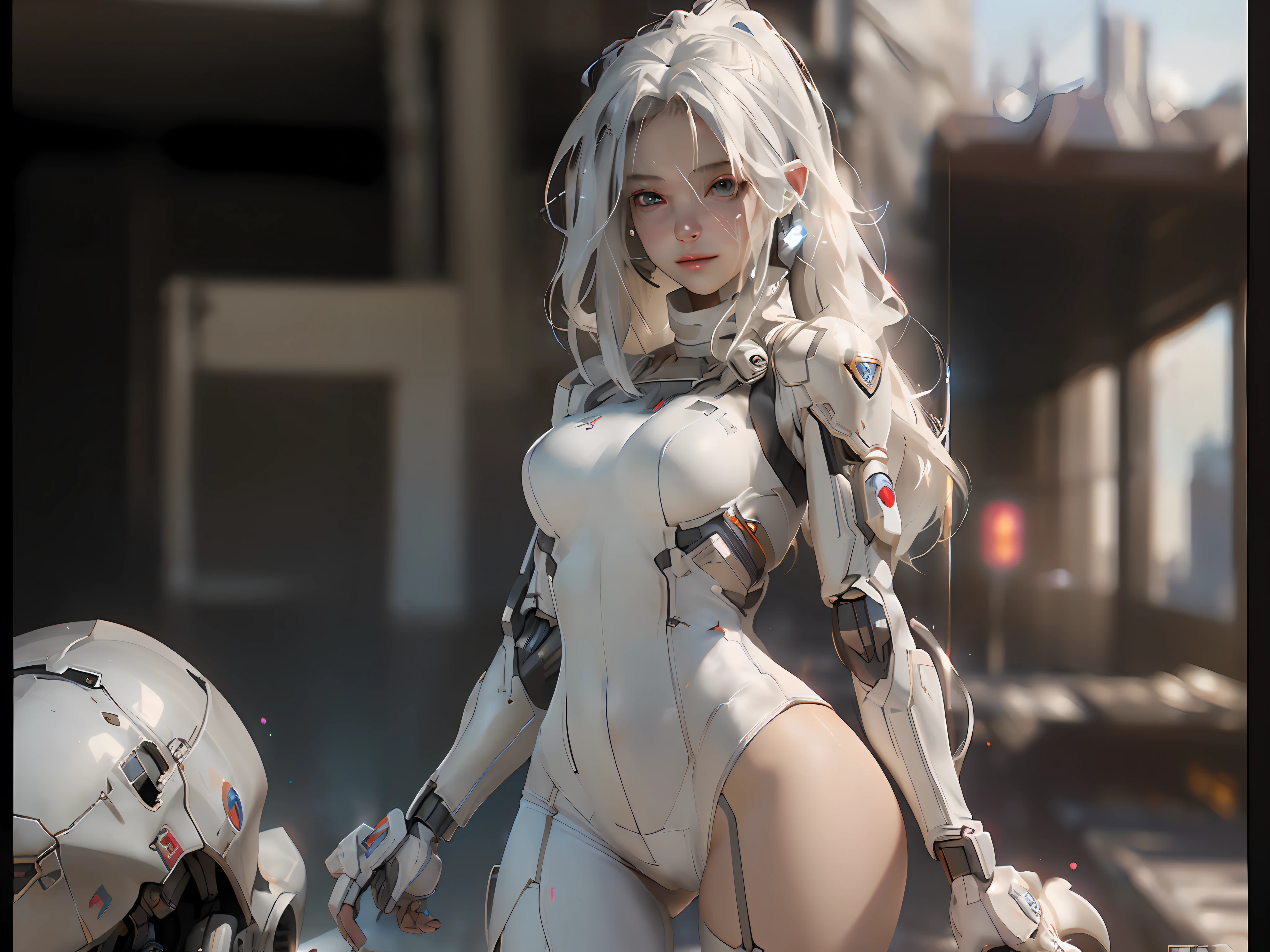 ((best quality)), ((masterpiece)), ((realistic)), (detailed), (photorealistic:1.5), a futuristic girl, (thick body), (white bodysuit), lights on armor, cybernetic headwear, looking at viewer, dynamic pose, post apocalyptic, destroyed city background, buildings on fire, science fiction, hdr, ray tracing, nvidia rtx, super-resolution, unreal 5, subsurface scattering, pbr texturing, post-processing, anisotropic filtering, depth of field, maximum clarity and sharpness, rule of thirds, 8k raw, (luminescent particles:1.4), (extremely detailed cg, unity 8k wallpaper, 3d, cinematic lighting, lens flare), reflections, sharp focus, cyberpunk art, cyberpunk architecture,