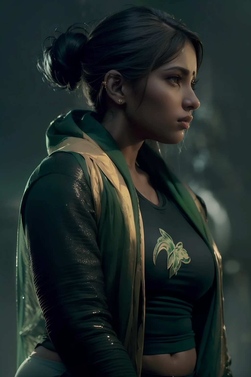 ( 
    (Character: one Indian woman, Stocky)
    (Clothing: black workout clothes, green hijab)
    (Pose: full body shot:1.7, dynamic pose)
    (blurry, intense urban lights in background) 
    (Style: ((masterpiece:1.5)), (face detailed), photo-realistic:1.3, hyperrealistic, foggy, high contrast, shiny skin, soft lighting, backlighting, bloom, light sparkles, chromatic aberration)