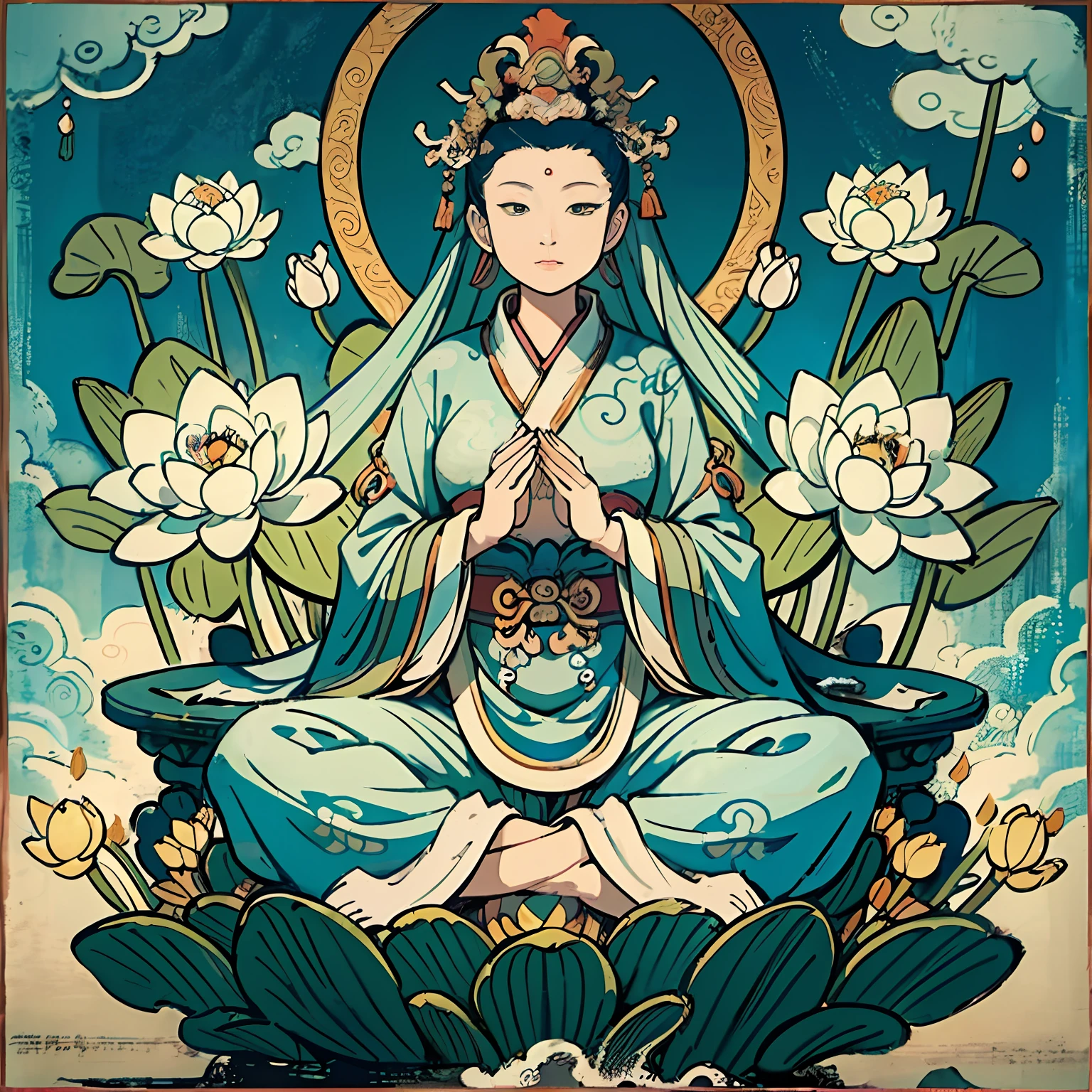 Woman sitting on a lotus,guanyin of the southern seas,Guanyin,contented female bodhisattva,jade sculpture,bodhisattva,queen of the sea mu yanling,serene,Serene expression,shui mo hua,Buddha,Buddhist,Lotus,Chinese painting style,Thangka style