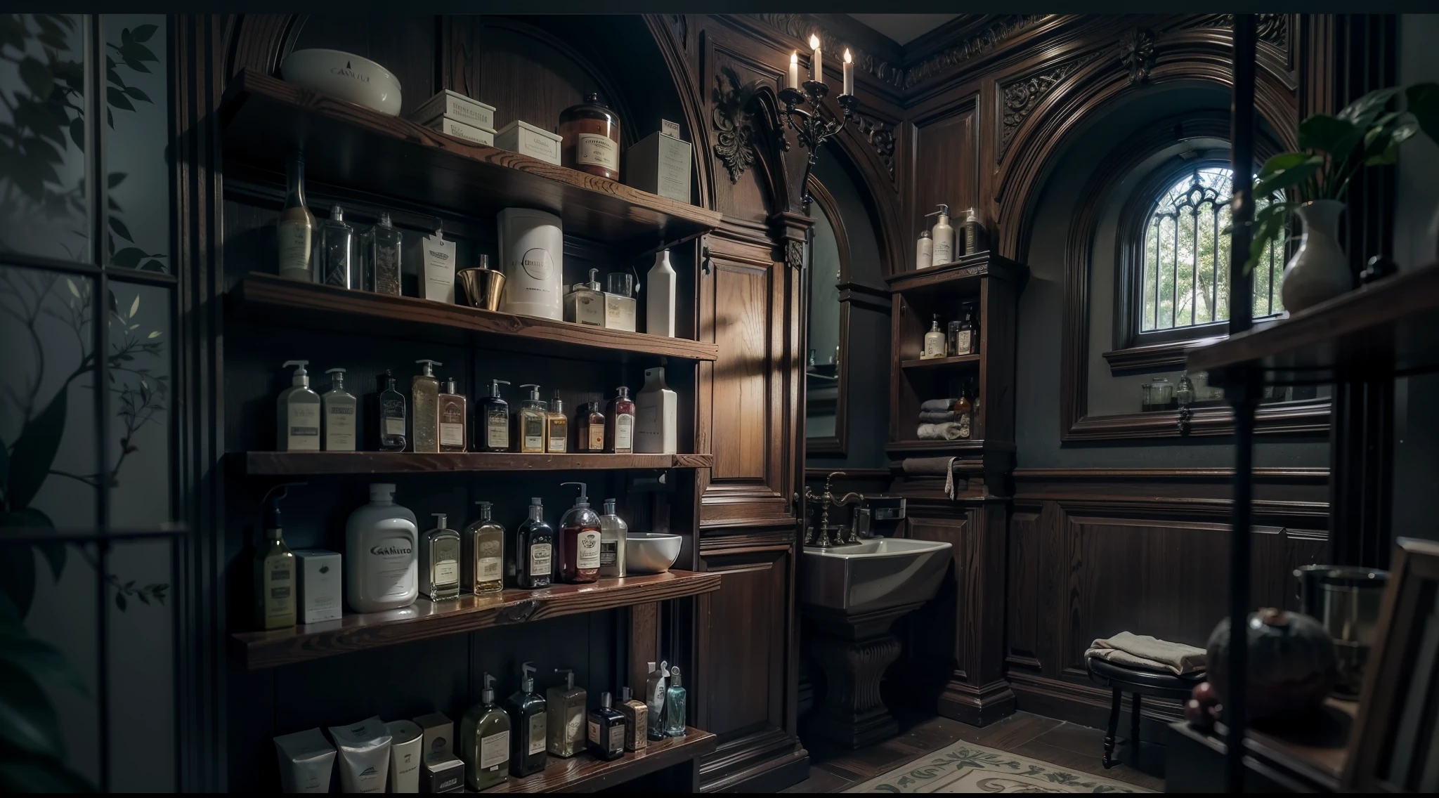 a dark night、Bathroom in a Western-style house deep in a dark and mysterious forest、Close-up of shelves、Shampoos、Towels, etc..、Magical、, interior architecture, Gothic art, Verism, One-person viewpoint, From the outside, canon, Super Detail, High quality, hight resolution, 8K, Best Quality