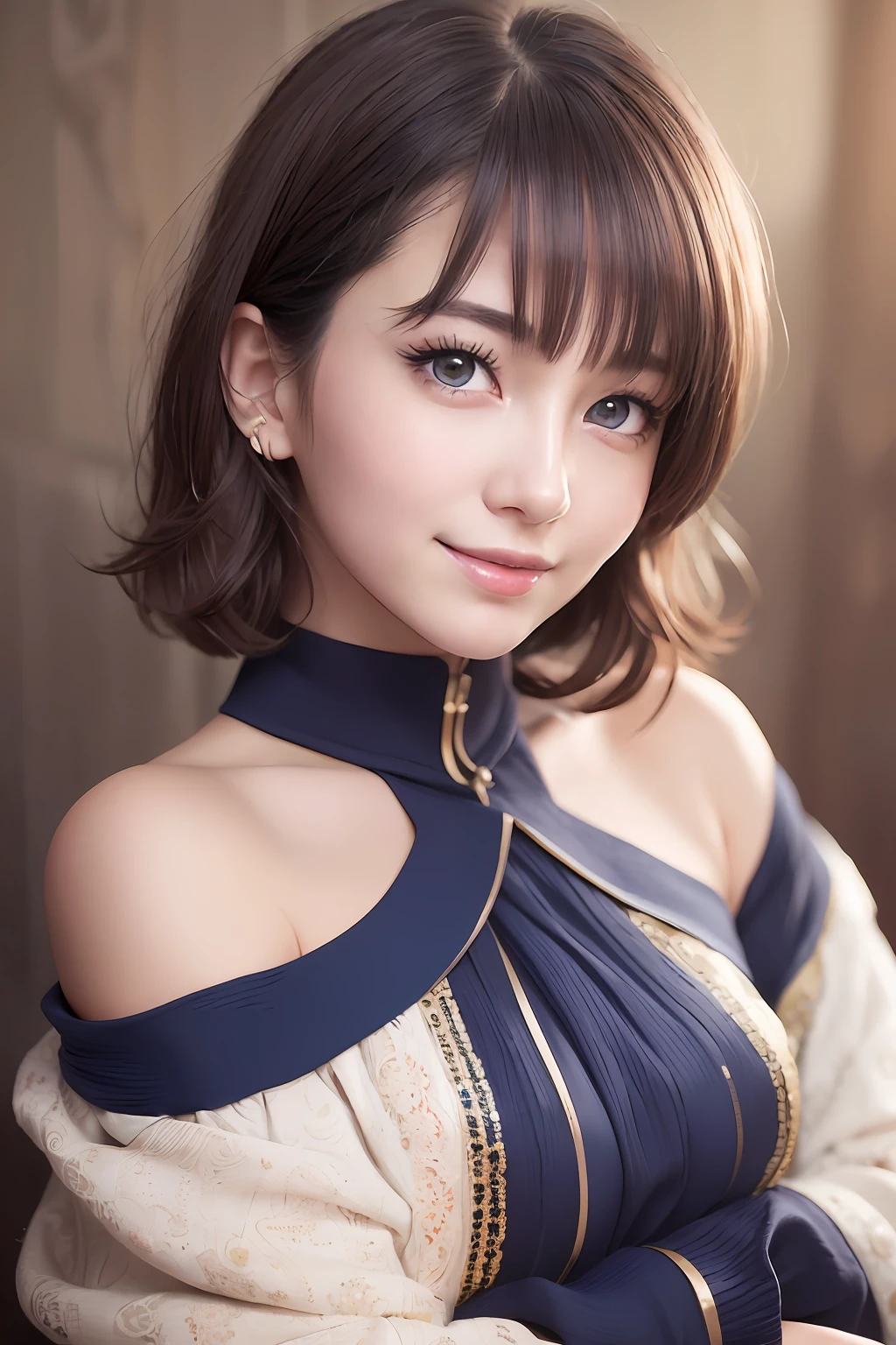 animesque、anime styled、Speciality、Moisturized eyes、Beautiful detailed eyes, (Short hair:1.2), (8K, Best Quality, masutepiece:1.2), (Realistic, Photorealsitic:1.37), Ultra-detailed, a closeup、portraitures、1 girl, Cute, Blue-golden hair、Solo, (nose blush),(Smile:1.15),