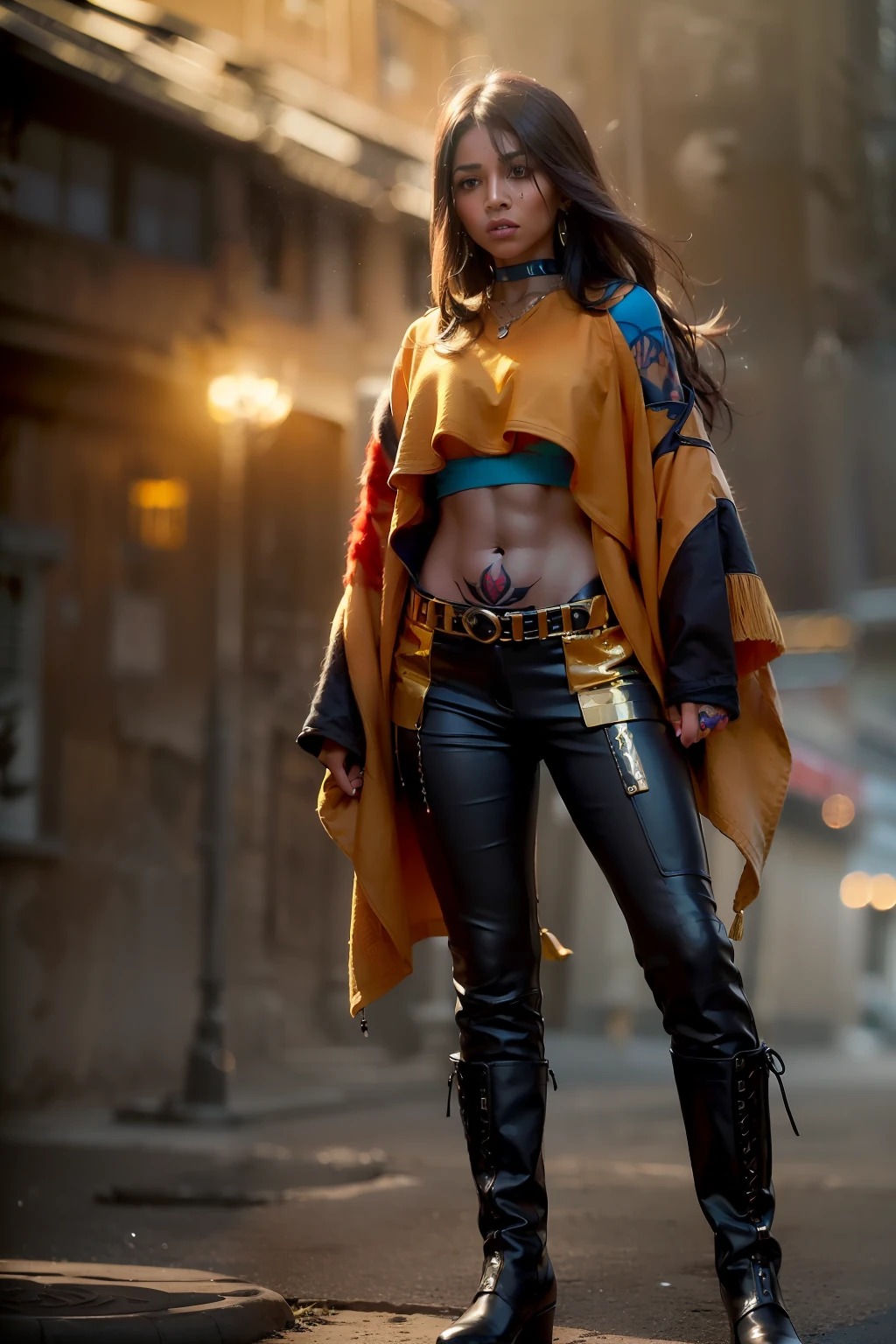 ( 
    (Character: one mexican woman, mystic, brown skin, black medium messy hair, abs) 
    (Clothing: orange inca poncho, inca pants, amulets, inca tattoos, boots)
    (Pose: full body shot:1.7, dynamic pose)
    (blurry, intense urban lights in background) 
    (Style: ((masterpiece:1.5)), (face detailed), photo-realistic:1.3, hyperrealistic, foggy, high contrast, shiny skin, soft lighting, backlighting, bloom, light sparkles, chromatic aberration)
