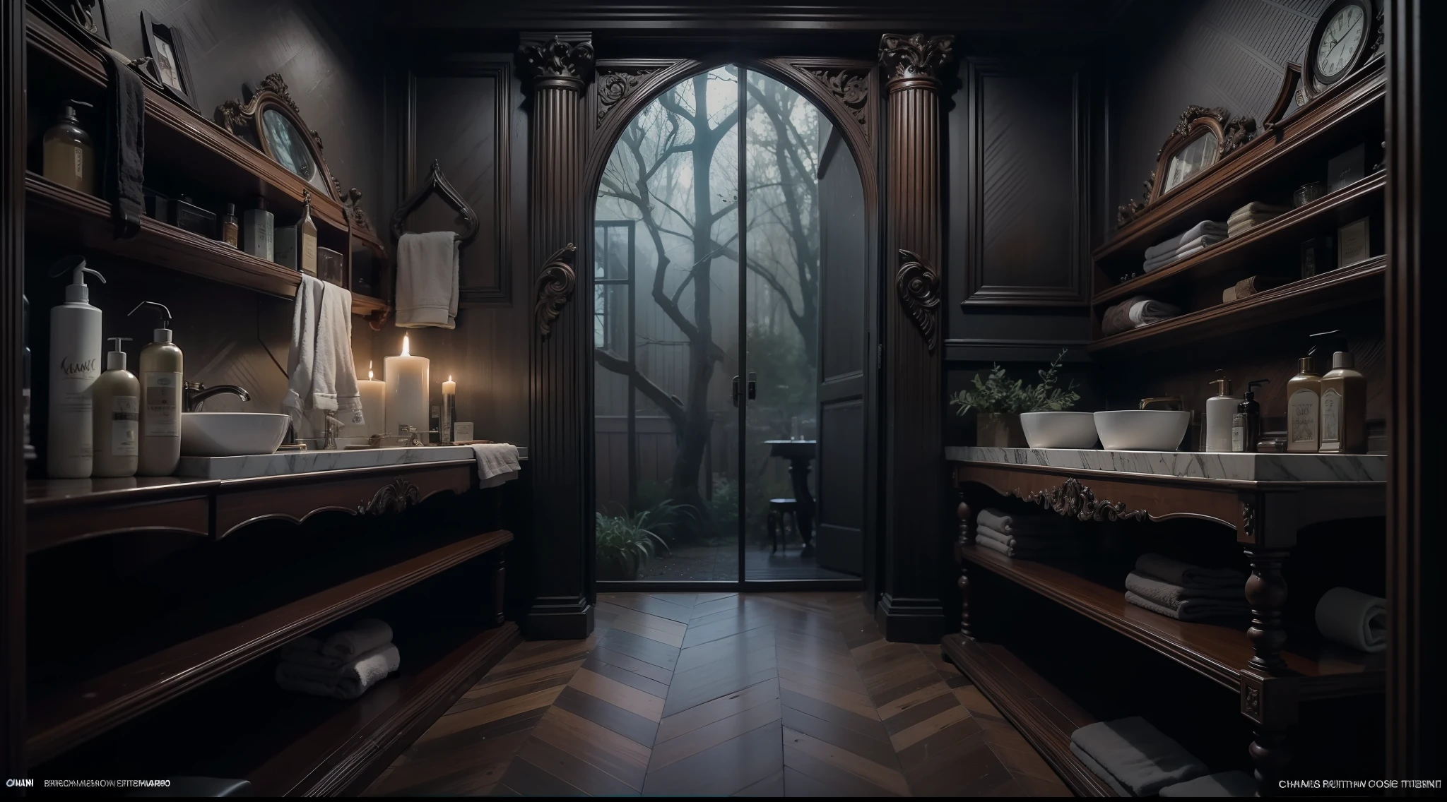 a dark night、Bathroom in a Western-style house deep in a dark and mysterious forest、Close-up of shelves、Shampoos、Towels, etc..、Magical、, interior architecture, Gothic art, Verism, One-person viewpoint, From the outside, canon, Super Detail, High quality, hight resolution, 8K, Best Quality