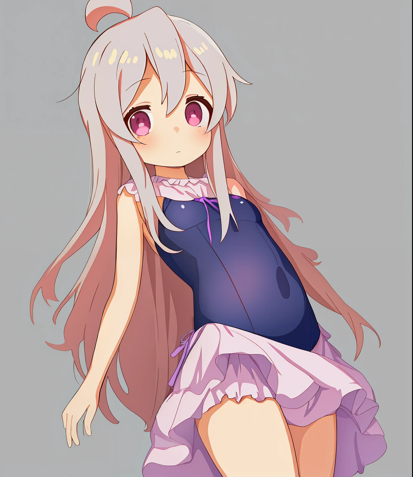 1girll,(oyamamahiro),Pink eyes,revealing her belly,Dress-style swimsuit