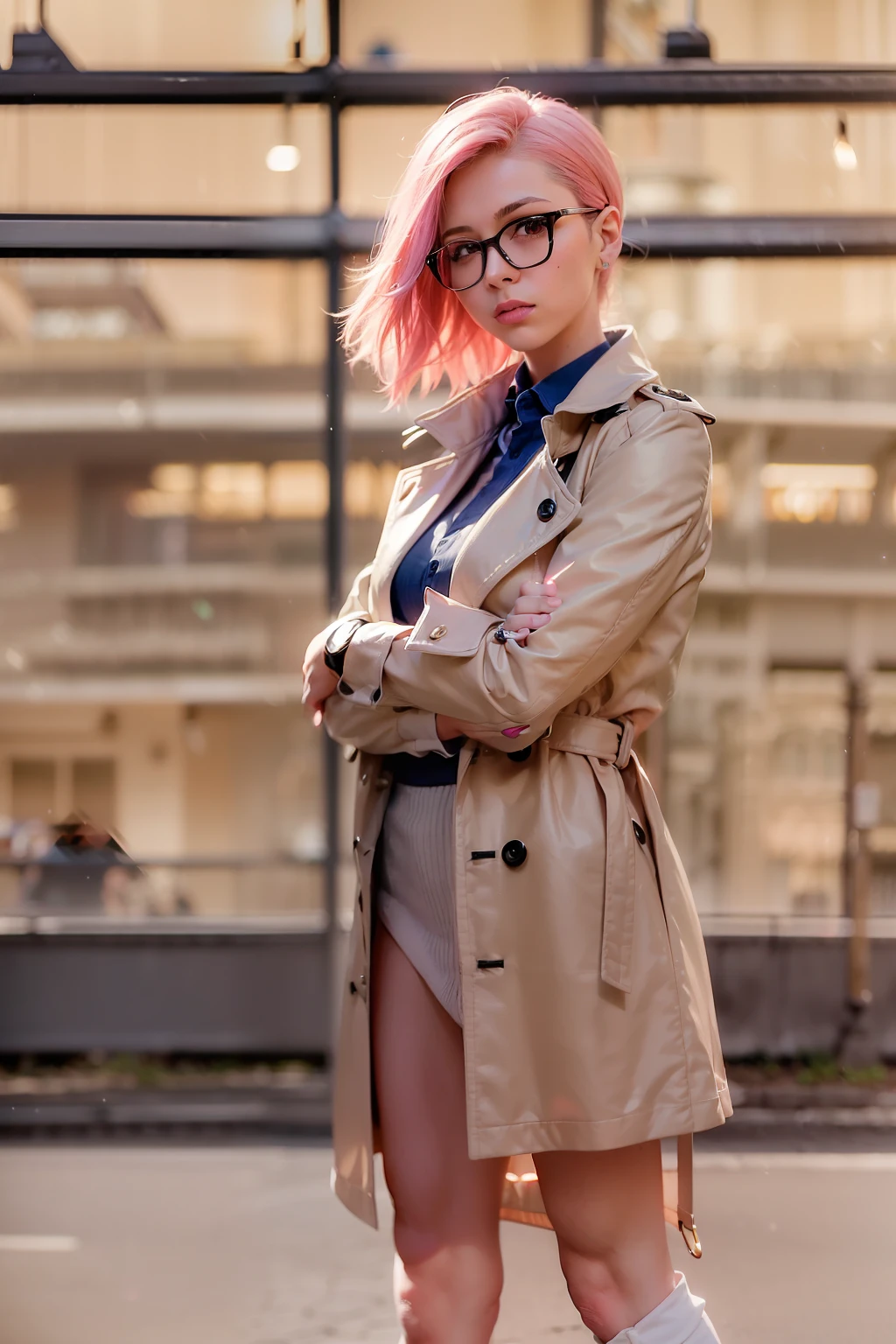 ( 
    (Character: one french woman, detective, slim body, slim, pink hair. shaved side haircut)
    (Clothing: pink trench coat, black shirt, glasses, boots)
    (Pose: full body shot:1.7, dynamic pose)
    (blurry, intense urban lights in background) 
    (Style: ((masterpiece:1.5)), (face detailed), photo-realistic:1.3, hyperrealistic, foggy, high contrast, shiny skin, soft lighting, backlighting, bloom, light sparkles, chromatic aberration)