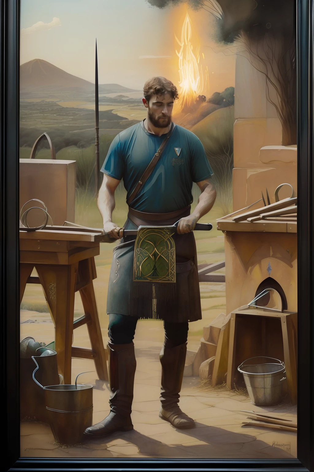 (((Pre-Raphaelite Celtic blacksmith painting,Homem,  barra em brasas de fogo, folhas de azevinho, paisagem celta, ferraria, fogueira)))