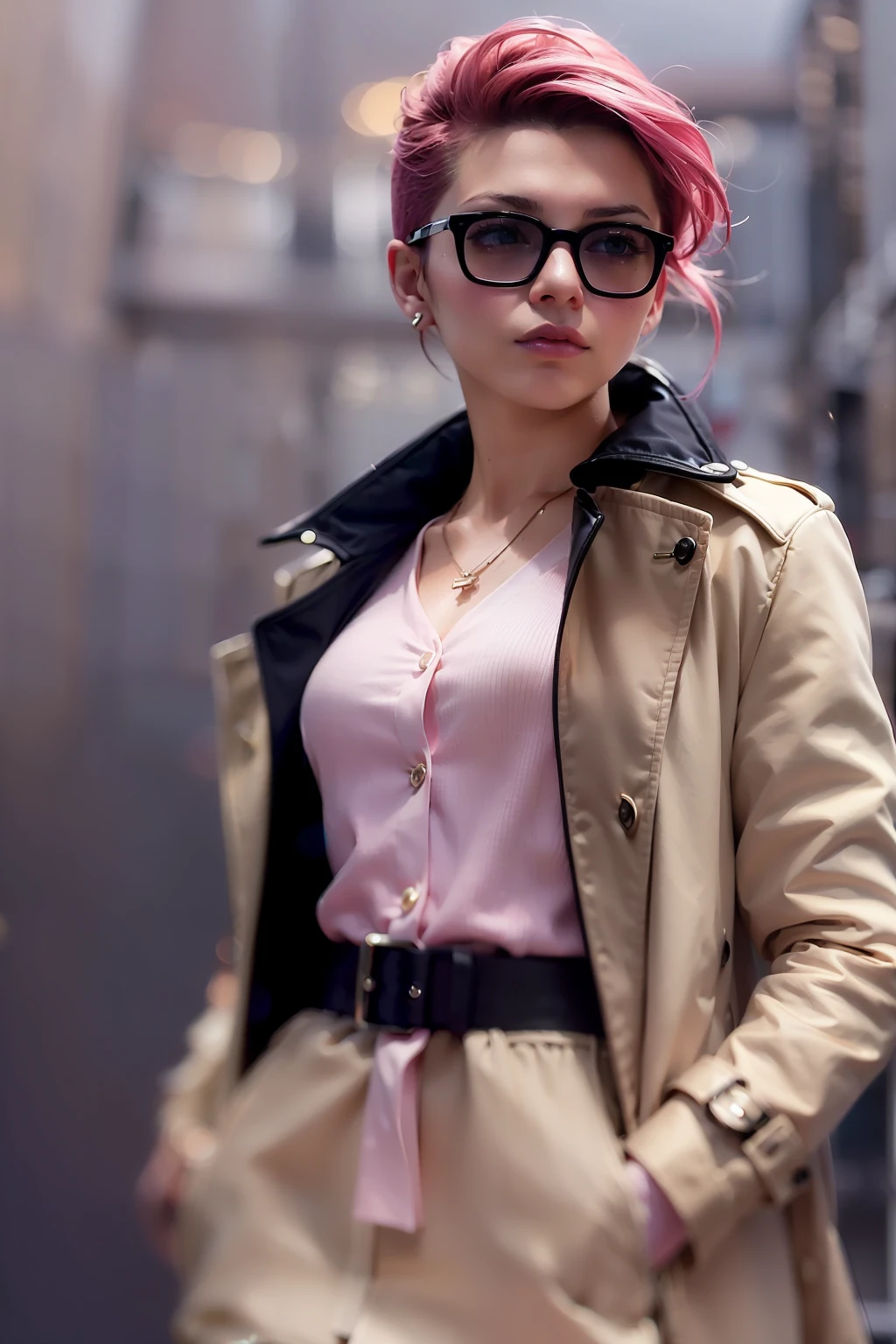 (
(Character: one french woman, detective, slim body, slim, pink hair. shaved side haircut)
(Clothing: pink trench coat, black shirt, glasses, boots)
(Pose: full body shot:1.7, dynamic pose)
(blurry, intense urban lights in background)
(Style: ((masterpiece:1.5)), (face detailed), photo-realistic:1.3, hyperrealistic, foggy, high contrast, shiny skin, soft lighting, backlighting, bloom, light sparkles, chromatic aberration)