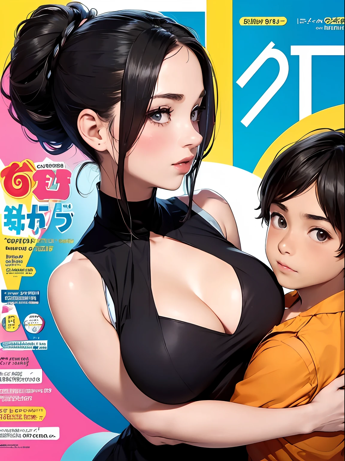 (colorful adult Magazine cover with lots of text)，(close-up:1.2)，pajamas， 1girl，Grasp by hand，(mother and son:1.5)，(kiss:1.2)，(A 9-year-old boy:1.4)，(hug)，(1boys:1.6)，{35-year-old lactating woman},drunken eyes,Side Chest,open at the chest,disproportionate breasts, Nipples standing up,sweat,((Sleeveless,sensual low-necked , open neckline:1.3)),{hairbuns，Women's hairstyle}, (areola:1.4)，Ultra-fine face, detailed eye, Double-fold eyelids，ssmile，pervert