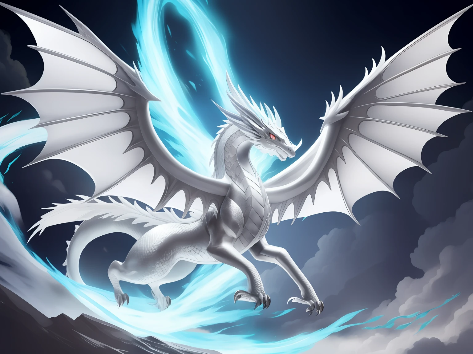 Beautiful silver dragon with large open wings, gray eyes, releases a sheaf of silver fire