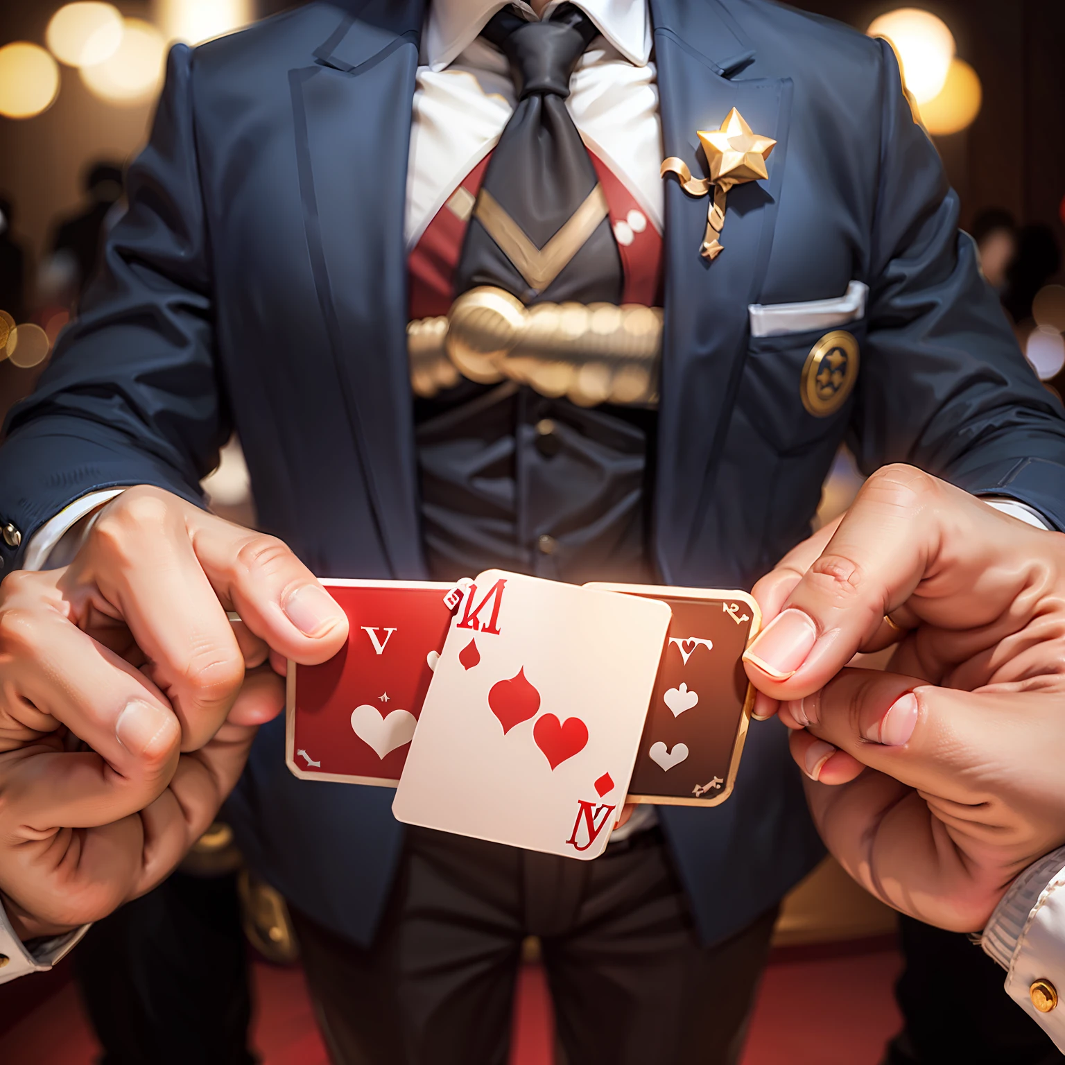 casino，first person，Hold two big and small kings in your hand，Background bokeh，tmasterpiece
