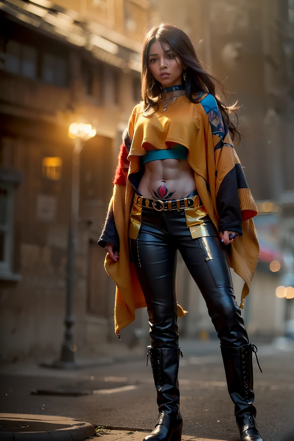 ( 
    (Character: one mexican woman, mystic, brown skin, black medium messy hair, abs) 
    (Clothing: orange inca poncho, inca pants, amulets, inca tattoos, boots)
    (Pose: full body shot:1.7, dynamic pose)
    (blurry, intense urban lights in background) 
    (Style: ((masterpiece:1.5)), (face detailed), photo-realistic:1.3, hyperrealistic, foggy, high contrast, shiny skin, soft lighting, backlighting, bloom, light sparkles, chromatic aberration)