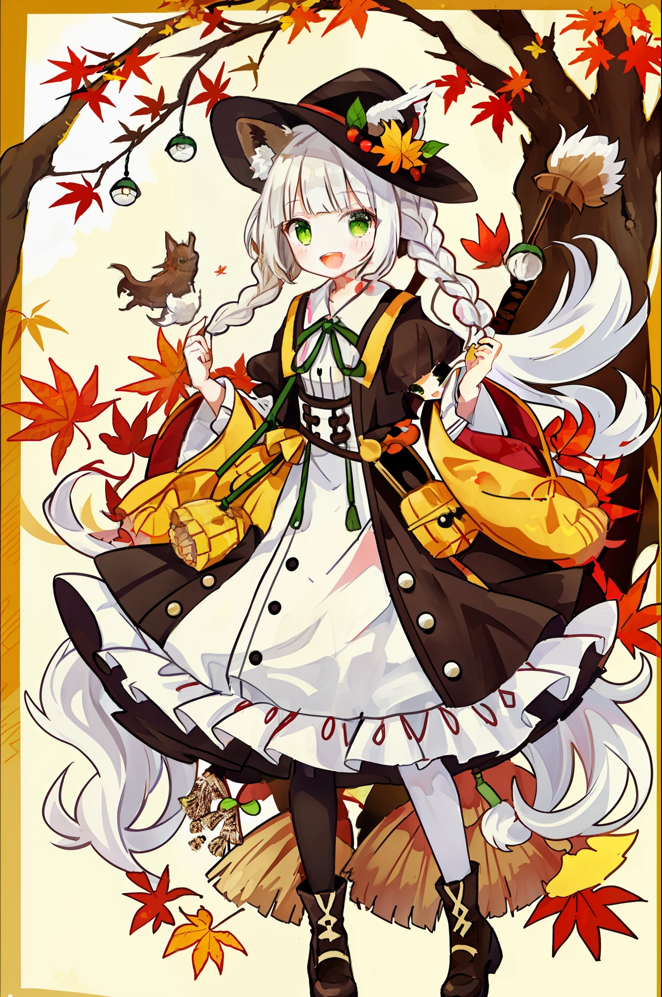 1girl, book, animal ears, green eyes, smile, open mouth, solo, white hair, looking at viewer, full body, multicolored hair, holding, hat, autumn leaves, wide sleeves, bangs, broom, leaf, acorn, :d, long sleeves, blush, two-tone hair, lantern, blunt bangs, boots, pantyhose, maple leaf, brown hair,