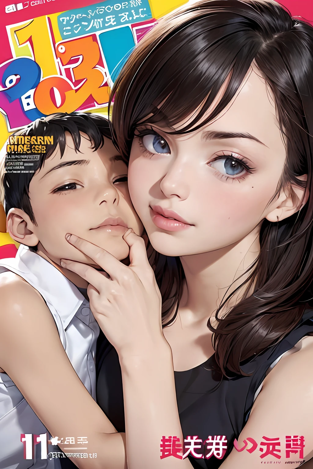 (colorful adult Magazine cover with lots of text)，(close-up:1.2)，pajamas， 1girl，Grasp by hand，(mother and son:1.5)，(kiss:1.2)，(A ten-year-old boy:1.4)，(hug)，(1boys:1.6)，{26-year-old lactating woman},drunken eyes,Side Chest,open at the chest,disproportionate breasts, Nipples standing up,sweat,((Sleeveless,sensual low-necked , open neckline:1.3)),{hairbuns，Women's hairstyle}, (areola:1.4)，Ultra-fine face, detailed eye, Double-fold eyelids，ssmile，pervert