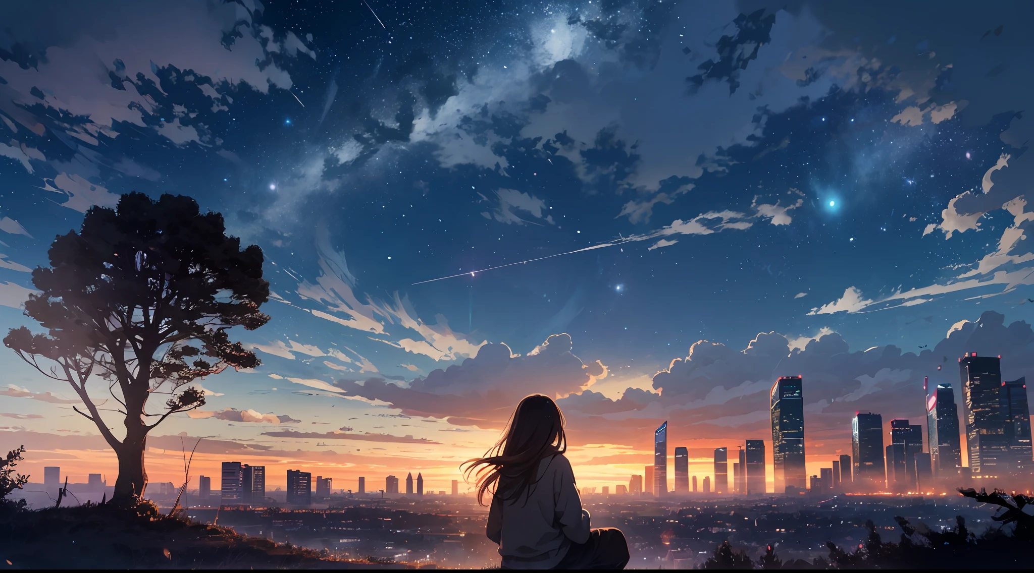 octans, sky, star (sky), scenery, starry sky, night, 1girl, night sky, solo, outdoors, building, cloud, milky way, sitting, tree, long hair, city, silhouette, cityscape