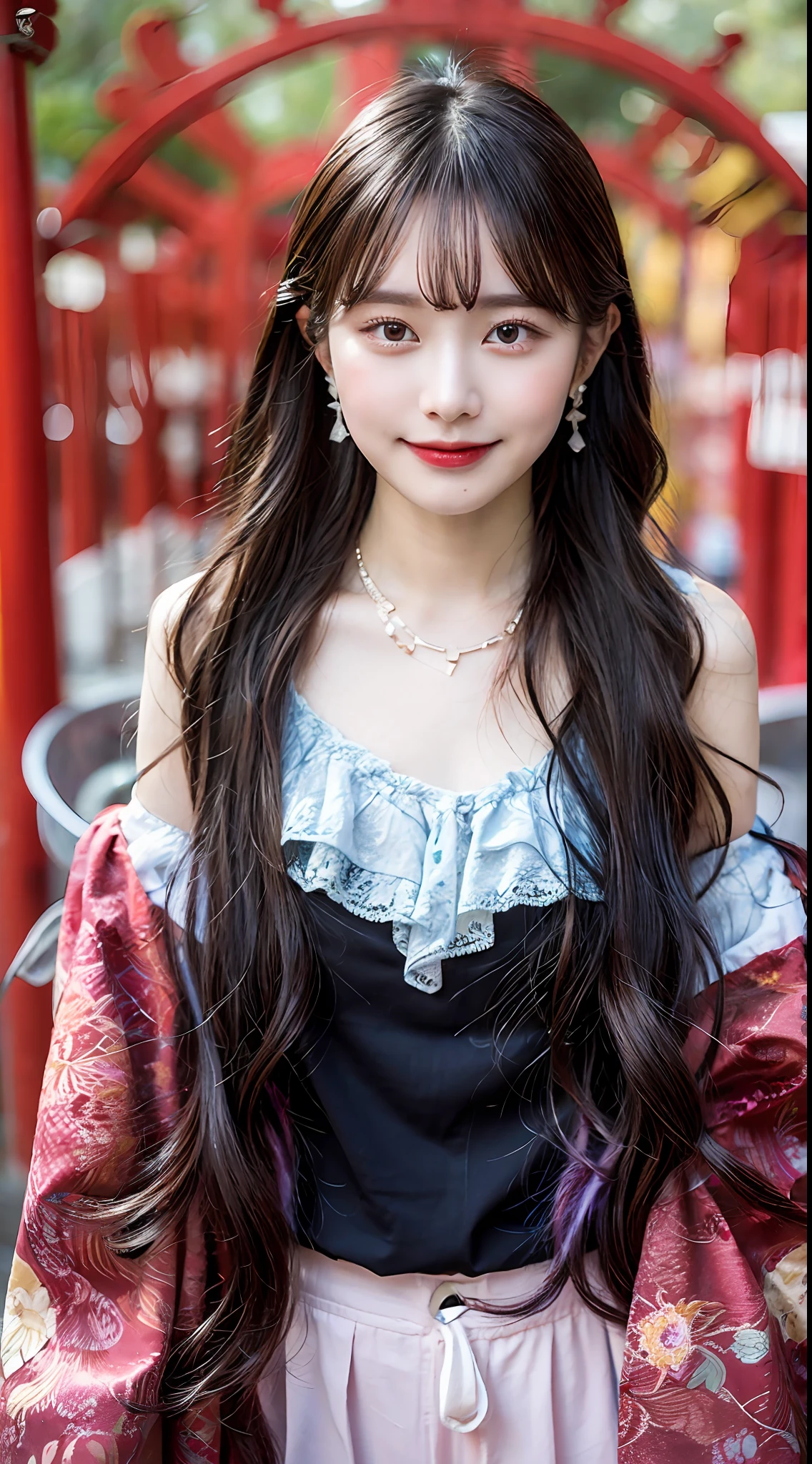 (Masterpiece), (Best quality), (Highly detailed), (absurderes), Cowboy shot, Exquisite facial features,From head to knees，Slender legs， Solo, Girl, Wide eyes, Light smile, Long hair, Black hair, Wavy hair, necklace, Drop earrings, Lace trim, Gorgeous Hanfu, Bare_bshoulders, view the viewer, Ultra-realistic skin texture，New Year, ((((Dyeing)))),((Chinese style))
