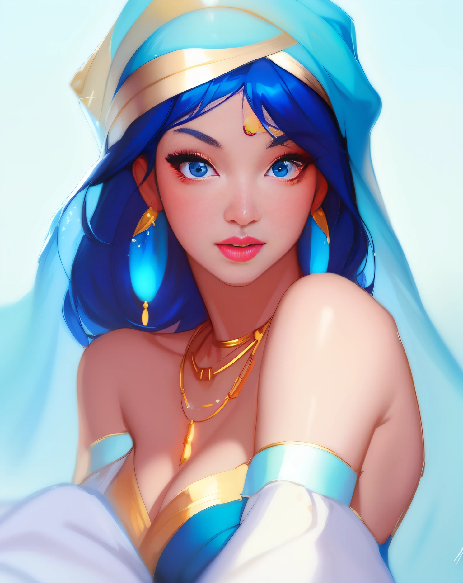 a close up of a woman in a blue dress with a gold necklace, beautiful character painting, art of wlop, wlop rossdraws, in the style of ross tran, artgerm and atey ghailan, artgerm and ilya kuvshinov, by Ross Tran, style artgerm, wlop art, lois van rossdraws