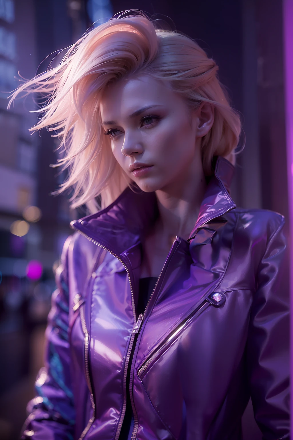 (
(Character: one escapist woman, russian traits, long wave hair, blonde hair, lean body)
(Clothing: purple jacket, futuristic jumpsuit)
(Pose: full body shot:1.7, dynamic pose)
(blurry, intense urban lights in background)
(Style: ((masterpiece:1.5)), (face detailed), photo-realistic:1.3, hyperrealistic, foggy, high contrast, shiny skin, soft lighting, backlighting, bloom, light sparkles, chromatic aberration)