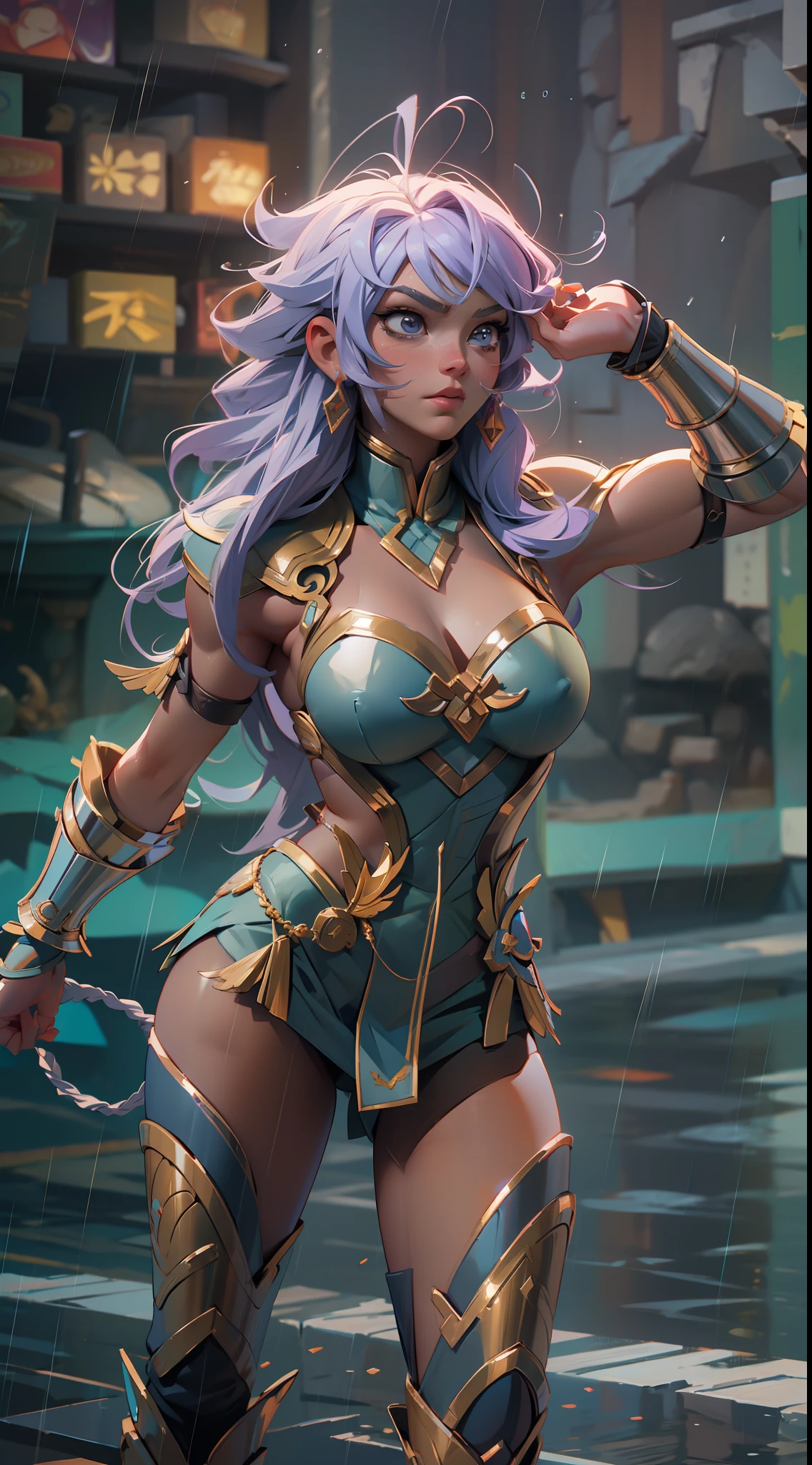 saint seiya, Athena Saori Kido , super strong, muscular, raining, 35mm lens, photography, ultra details, precise texture details HDR, UHD,64K,