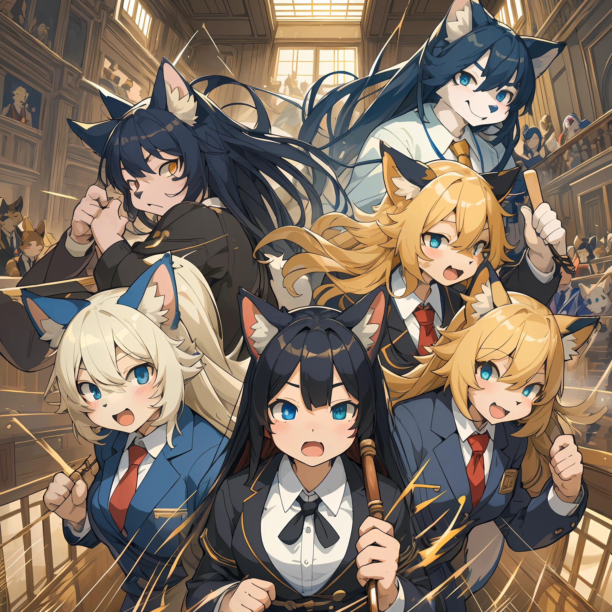 top quality, best quality, High-quality illustrations, masterpiece, super high resolution, detailed background, referee, court, lawyer, public prosecutor, 6+boys, 6+girls, absurdres(highly detailed beautiful face and eyes)perfect anatomy, expression, good lighting, cinematic shadow(kemono, furry anthro)assorted poses(sound effects, motion blur),
