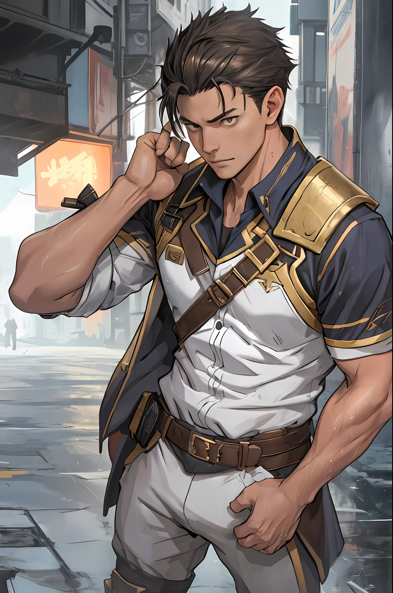 tmasterpiece，best qualityer，illustratio，Realisticstyle，photo realistic style，detail in face，offcial art，Movie lighting，1male people，Combat uniforms and armor，are standing，Close-up of the crotch，Crotch view，Drenched，Get wet， Solo ，Handsome，virile，Handsome face，[[[［musculature］，Short hair，Gold eyes，looking at viewert