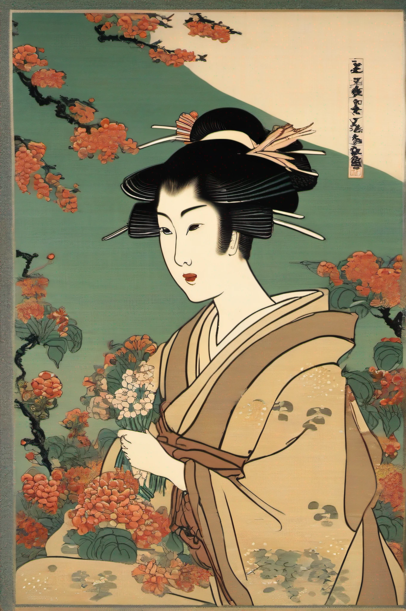 Woman with Flowers, Hokusai Style, by Katsuchika Hokusai