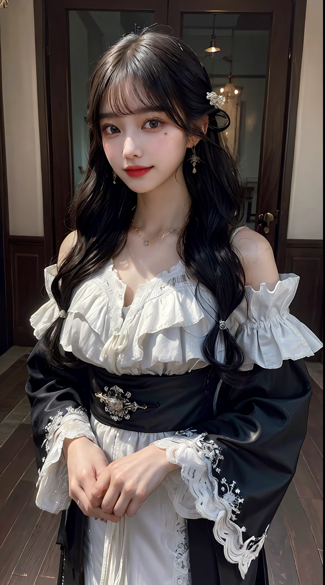 (Masterpiece), (Best quality), (Highly detailed), (absurderes), Cowboy shot, Exquisite facial features, Solo, Girl, Wide eyes, Light smile, Long hair, Black hair, Wavy hair, necklace, Drop earrings, Lace trim, Hanfu, Bare_bshoulders, view the viewer, Ultra-realistic skin texture，New Year, ((((Dyeing)))),((Chinese style))