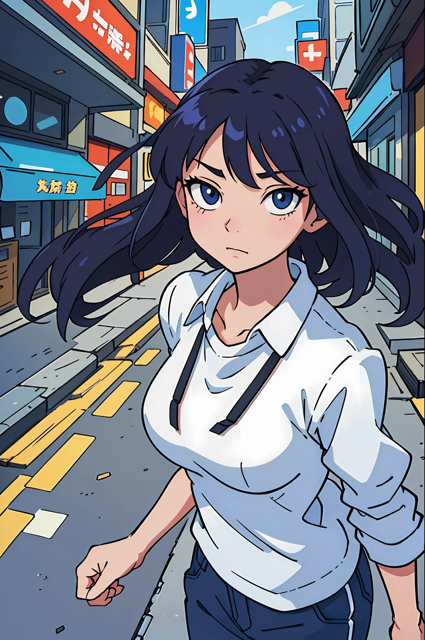 (best-quality:0.8), (best-quality:0.8), perfect anime illustration, extreme closeup portrait of a pretty woman walking through the city