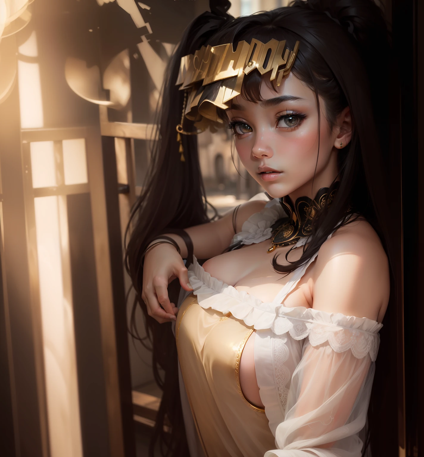 ((Masterpiece, top-notch quality, exquisitely detailed, high-resolution)), solitary, breathtaking girl, mesmerizing gaze, flawless eyes, , black, white, and gold theme.