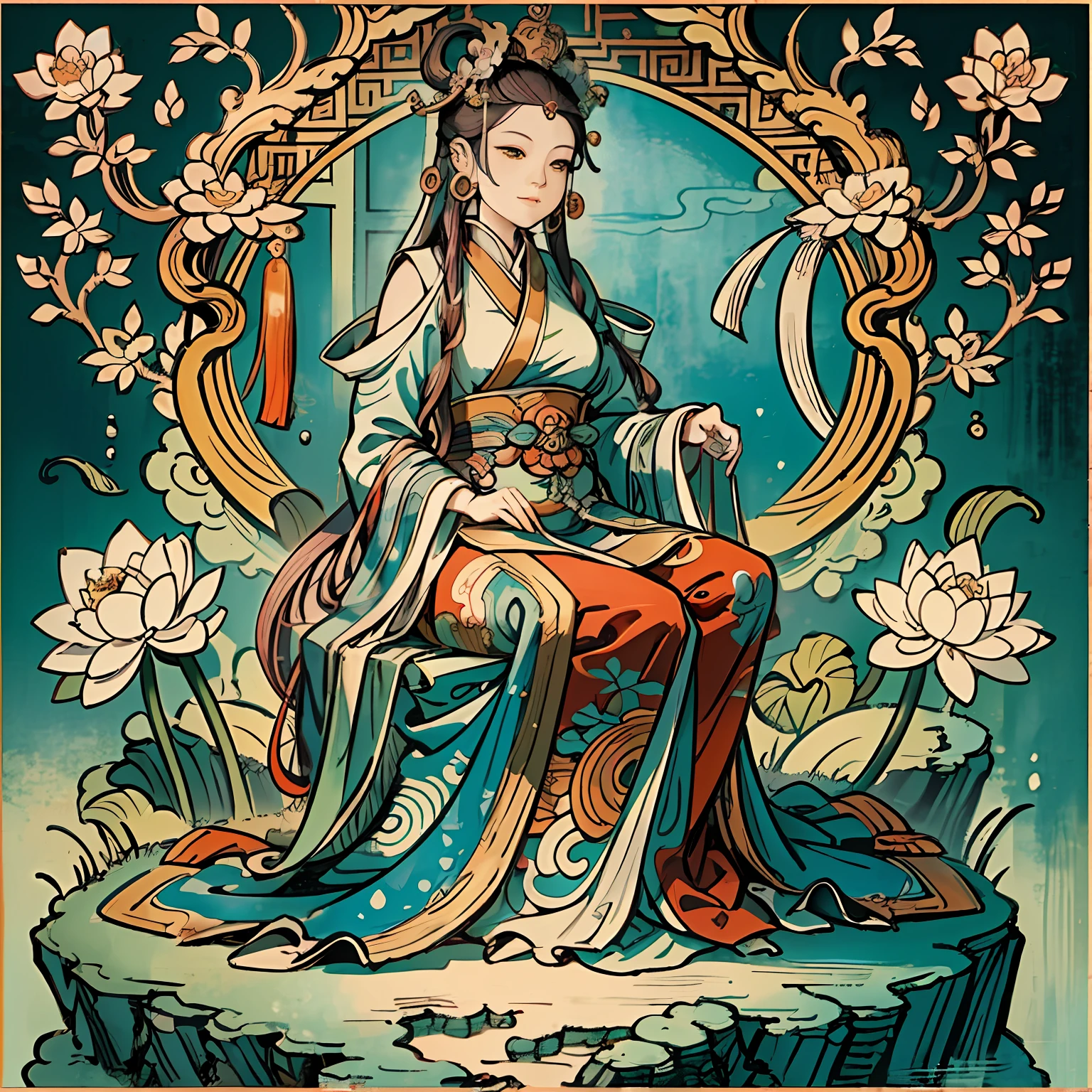 Woman sitting on a lotus,guanyin of the southern seas,Guanyin,contented female bodhisattva,jade sculpture,bodhisattva,queen of the sea mu yanling,serene,Serene expression,shui mo hua,Buddha,Buddhist,Lotus,Chinese painting style,Thangka style