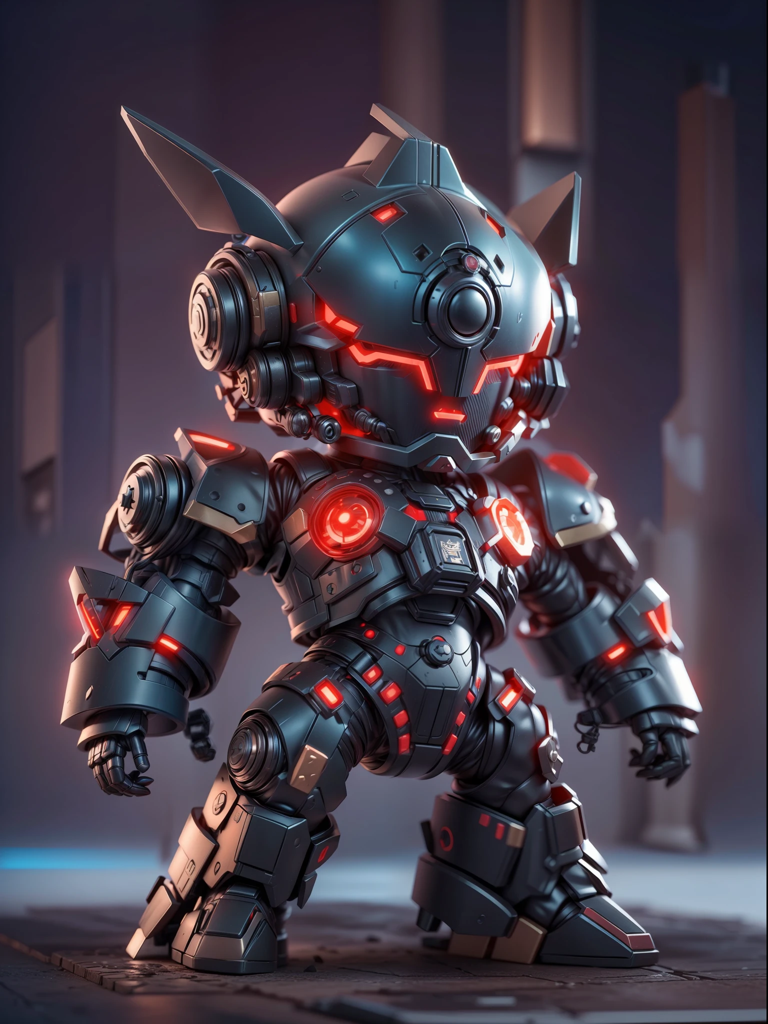 (Blind box toy style:1.2), (Full body shot) , 1 cute strong metal mage, Metal mech，Metal opaque helmet, cyber punk perssonage, dreamy glow, Clean, Black draft,red and blue style， ( Global illumination, Ray traching, hdr, unreal render,reasonable design, high detal, Masterpiece, Best quality, hyper HD, Cinematic lighting)