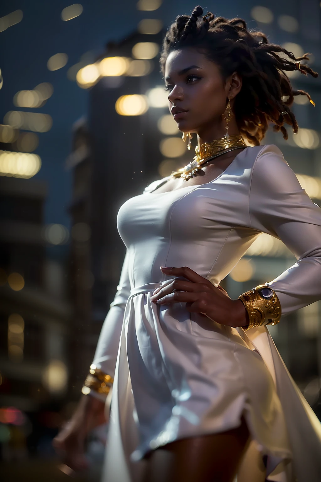 (
(Character: one Brazilian woman, 20 years old, Artis, dark skin, black skin, smile, black hair, mega hair, dreadlocks:1.3, tall, long legs)
(Clothing: white elegant dress, golden collars)
(Pose: full body shot:1.7, dynamic pose)
(blurry, intense urban lights in background)
(Style: ((masterpiece:1.5)), (face detailed), photo-realistic:1.3, hyperrealistic, foggy, high contrast, shiny skin, soft lighting, backlighting, bloom, light sparkles, chromatic aberration)