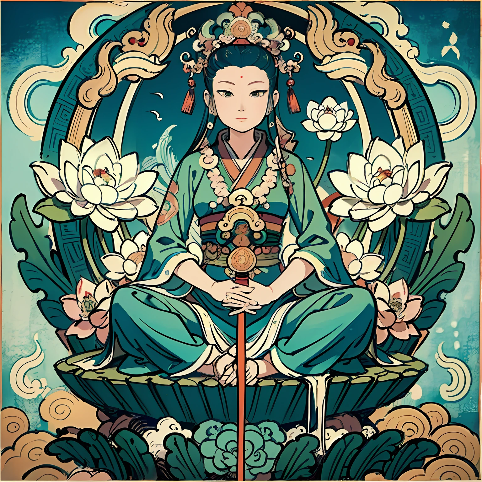 Woman sitting on a lotus,guanyin of the southern seas,Guanyin,contented female bodhisattva,jade sculpture,bodhisattva,queen of the sea mu yanling,serene,Serene expression,shui mo hua,Buddha,Buddhist,Lotus,Chinese painting style,Thangka style