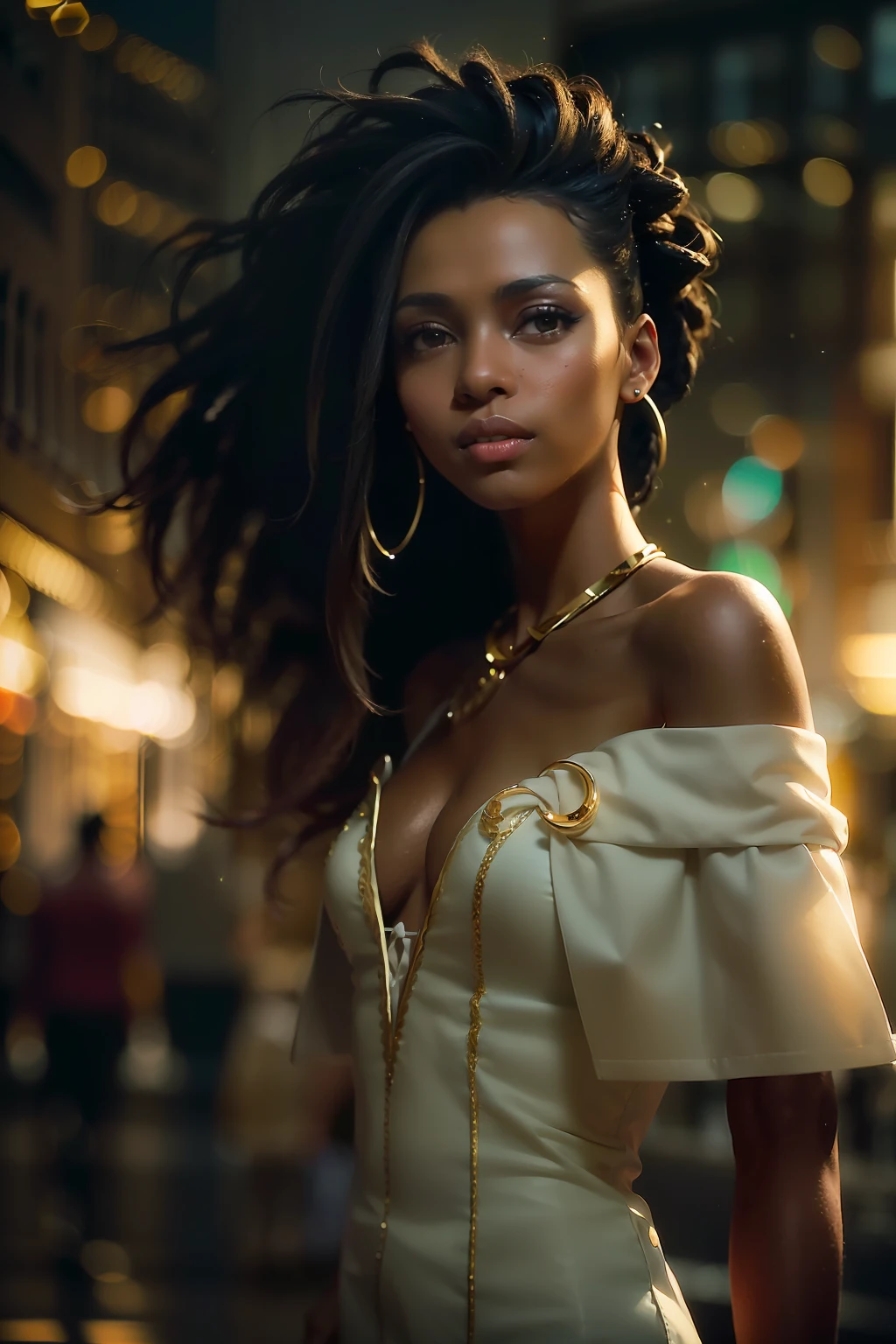 ( 
    (Character: one Brazilian woman, 20 years old, Artis, dark skin, black skin, smile, black hair, mega hair, dreadlocks:1.3, tall, long legs)
    (Clothing:  white elegant dress, golden collars)
    (Pose: full body shot:1.7, dynamic pose)
    (blurry, intense urban lights in background) 
    (Style: ((masterpiece:1.5)), (face detailed), photo-realistic:1.3, hyperrealistic, foggy, high contrast, shiny skin, soft lighting, backlighting, bloom, light sparkles, chromatic aberration)