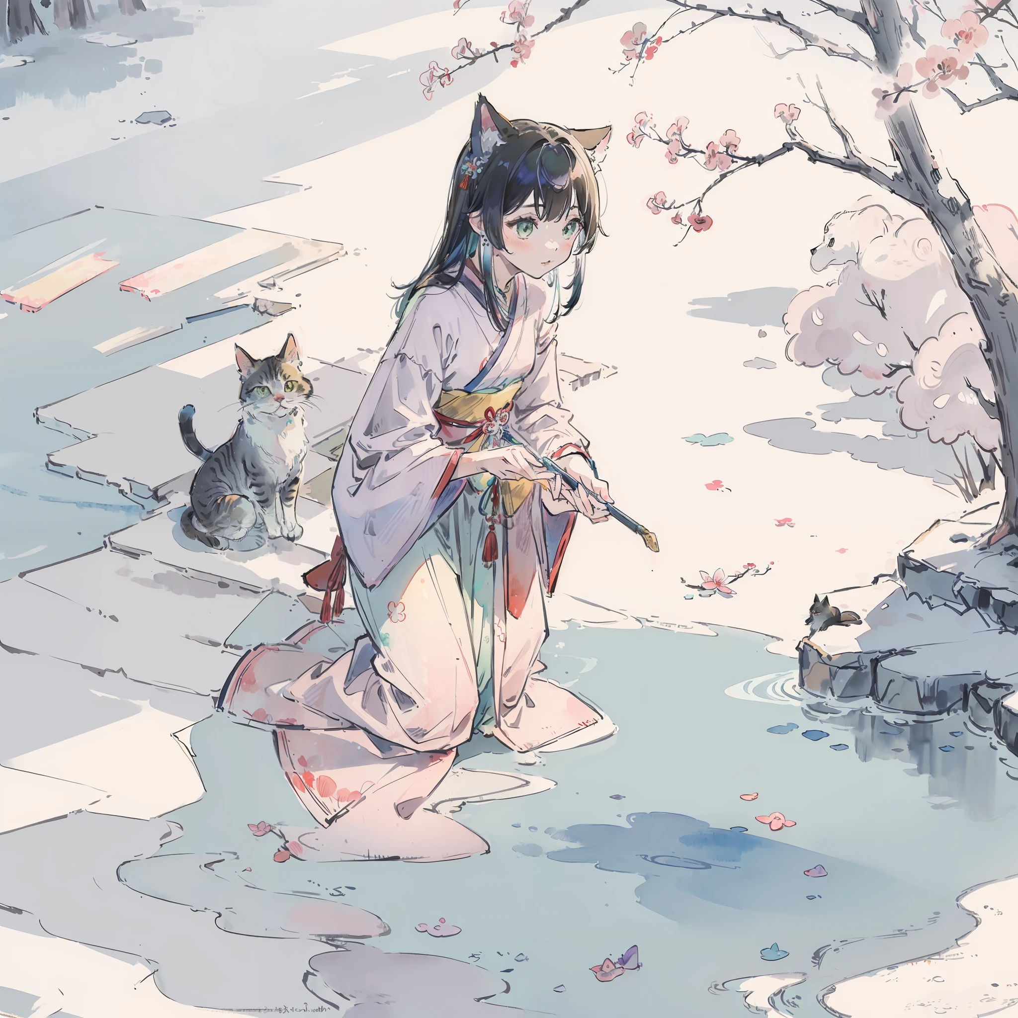 ((Best quality1.2、masutepiece))、Yumekawa、(watercolor paiting)、((Take a cute cat))、doress((Iridescent Dresses 1.2))