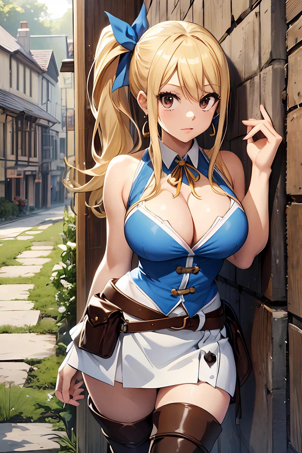 asterpiece, best quality, highres, lucy heartfilia, blonde hair, long hair, side ponytail, blue ribbon, large breasts, earrings, thigh boots, blue shirt, sleeveless shirt, white skirt, standing, outdoors, town, house, cowboy shot, looking at viewer,