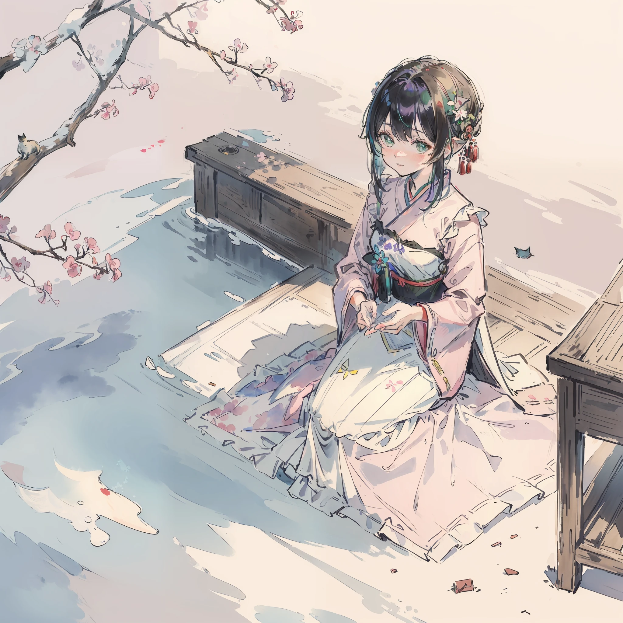 ((Best quality1.2、masutepiece))、Yumekawa、(watercolor paiting)、((Take a cute cat))、doress((Iridescent Dresses 1.2))