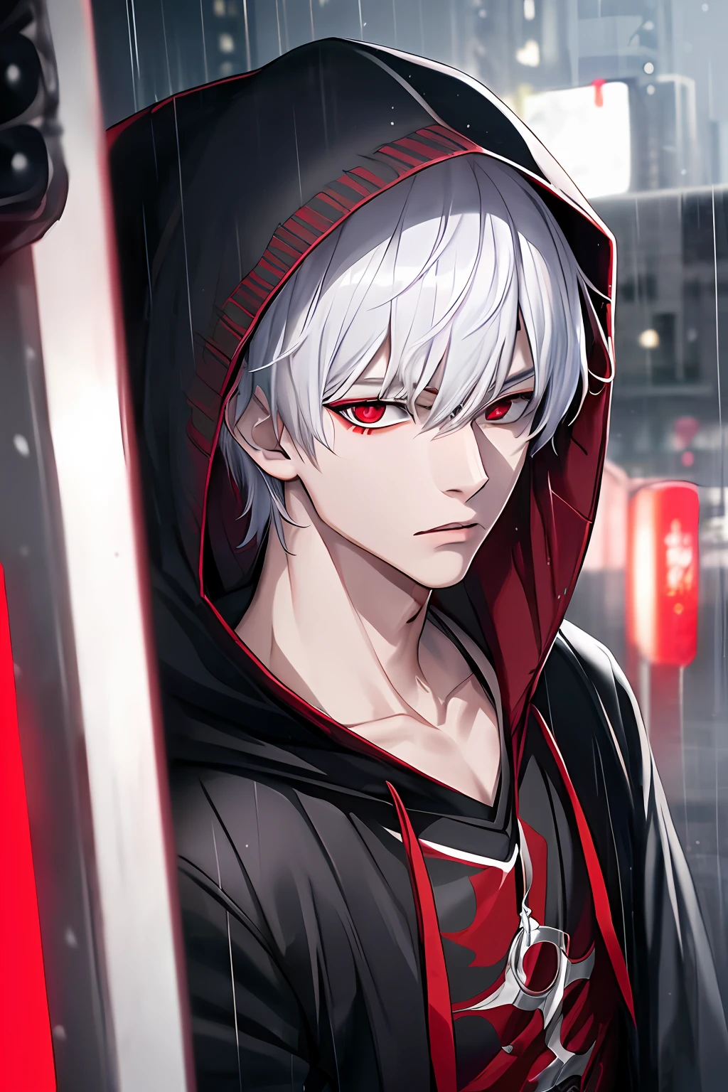 kk, best quality, more details, masterpiece, 1boy, kaneki ken, portrait, male focus, red eyes, solo, bangs, looking at viewer, hood, short hair, rain, tokyo tokyo \(city\),  hood up, nail polish, white hair, luxurious, 8k, detailed, ray tracing, depth of field, cinematic lighting,