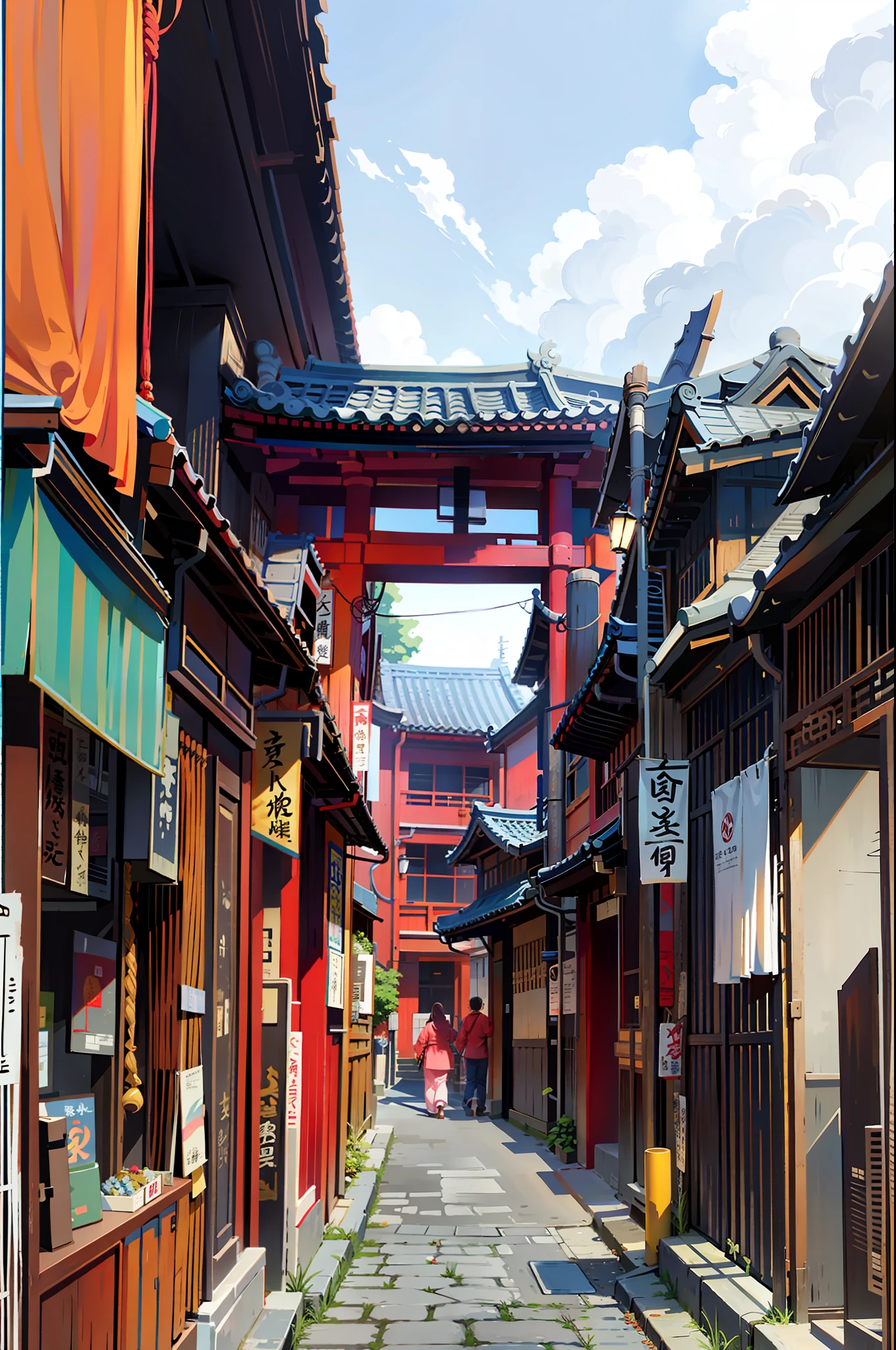 There is a long and narrow street,In the background is a red building, japanese town, dreamy Chinese towns, street japan, traditional korean city, Beautiful rendering of the Tang Dynasty, Japan city, Japanese village, old asian village, Ancient Chinese architecture, Realistic anime 3 D style, cyberpunk japanese temple, Chinese village, cyberpunk chinese ancient castle, japanese downtown, ancient city streets behind her