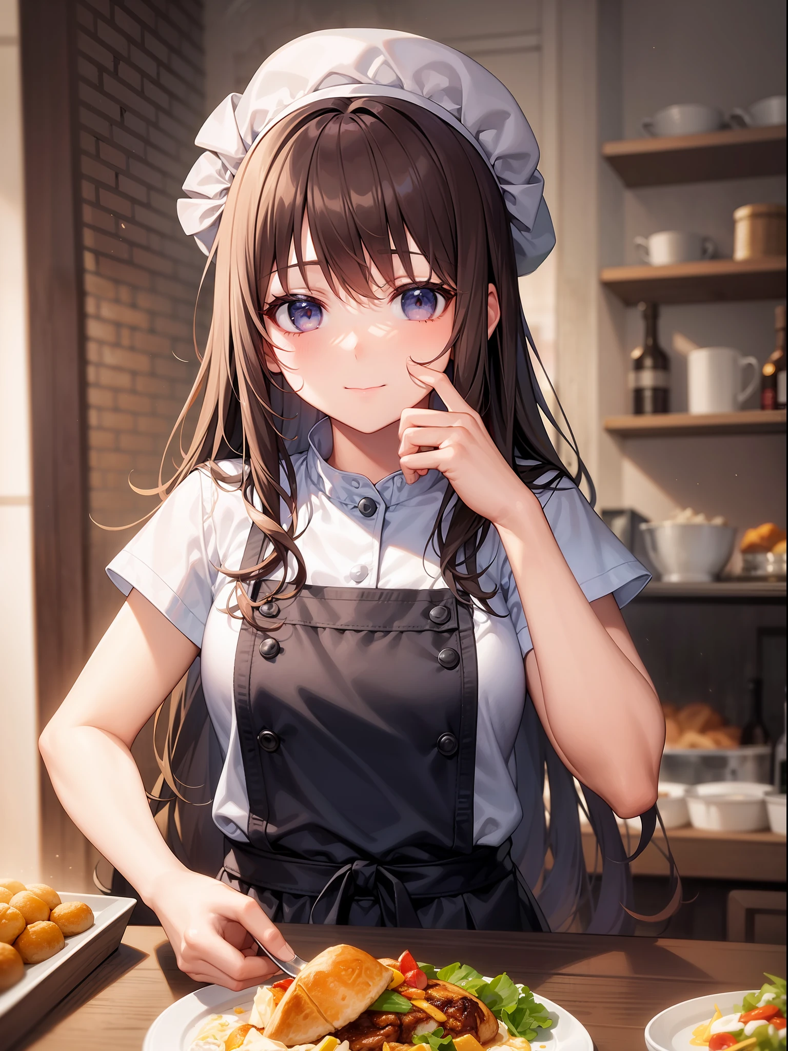 (best quality, masterpiece), 1girl, chef hat, dinner, looking at viewer,
