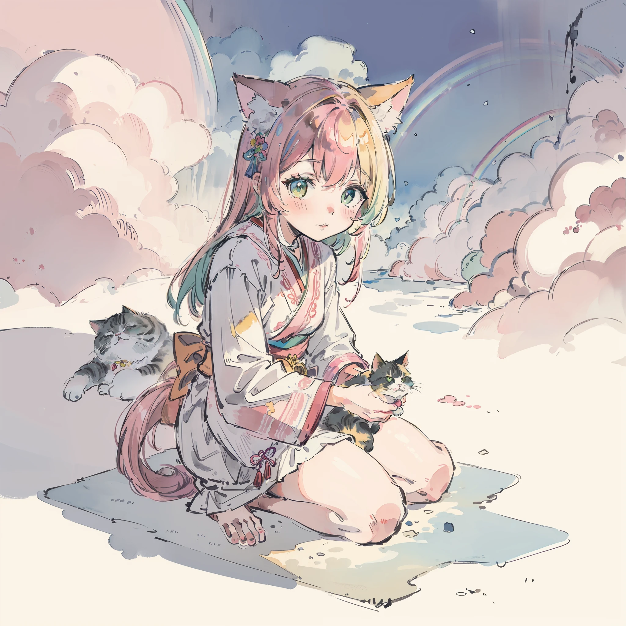 ((Best quality1.2、masutepiece))、(watercolor paiting)、((Take a cute cat))、doress、kawaii、pinkhair(rainbow-colored hair)