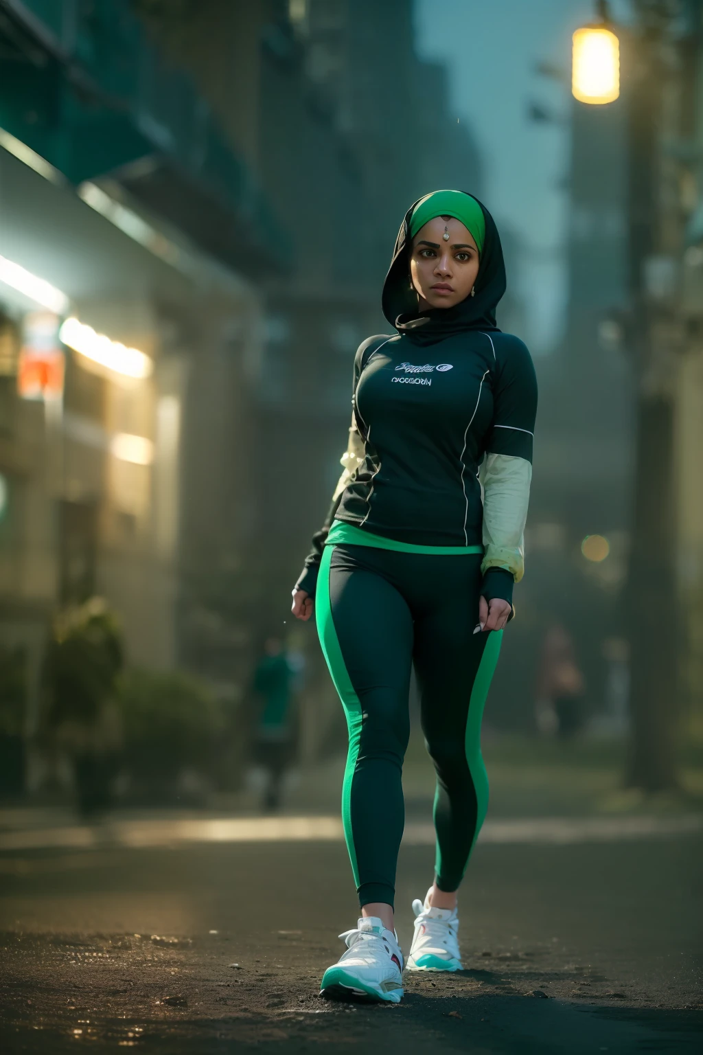 ( 
    (Character: one Indian woman, Stocky)
    (Clothing: black workout clothes, green hijab)
    (Pose: full body shot:1.7, dynamic pose)
    (blurry, intense urban lights in background) 
    (Style: ((masterpiece:1.5)), (face detailed), photo-realistic:1.3, hyperrealistic, foggy, high contrast, shiny skin, soft lighting, backlighting, bloom, light sparkles, chromatic aberration)