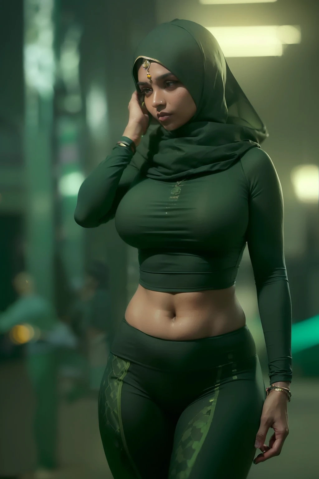 ( 
    (Character: one Indian woman, Stocky)
    (Clothing: black workout clothes, green hijab)
    (Pose: full body shot:1.7, dynamic pose)
    (blurry, intense urban lights in background) 
    (Style: ((masterpiece:1.5)), (face detailed), photo-realistic:1.3, hyperrealistic, foggy, high contrast, shiny skin, soft lighting, backlighting, bloom, light sparkles, chromatic aberration)