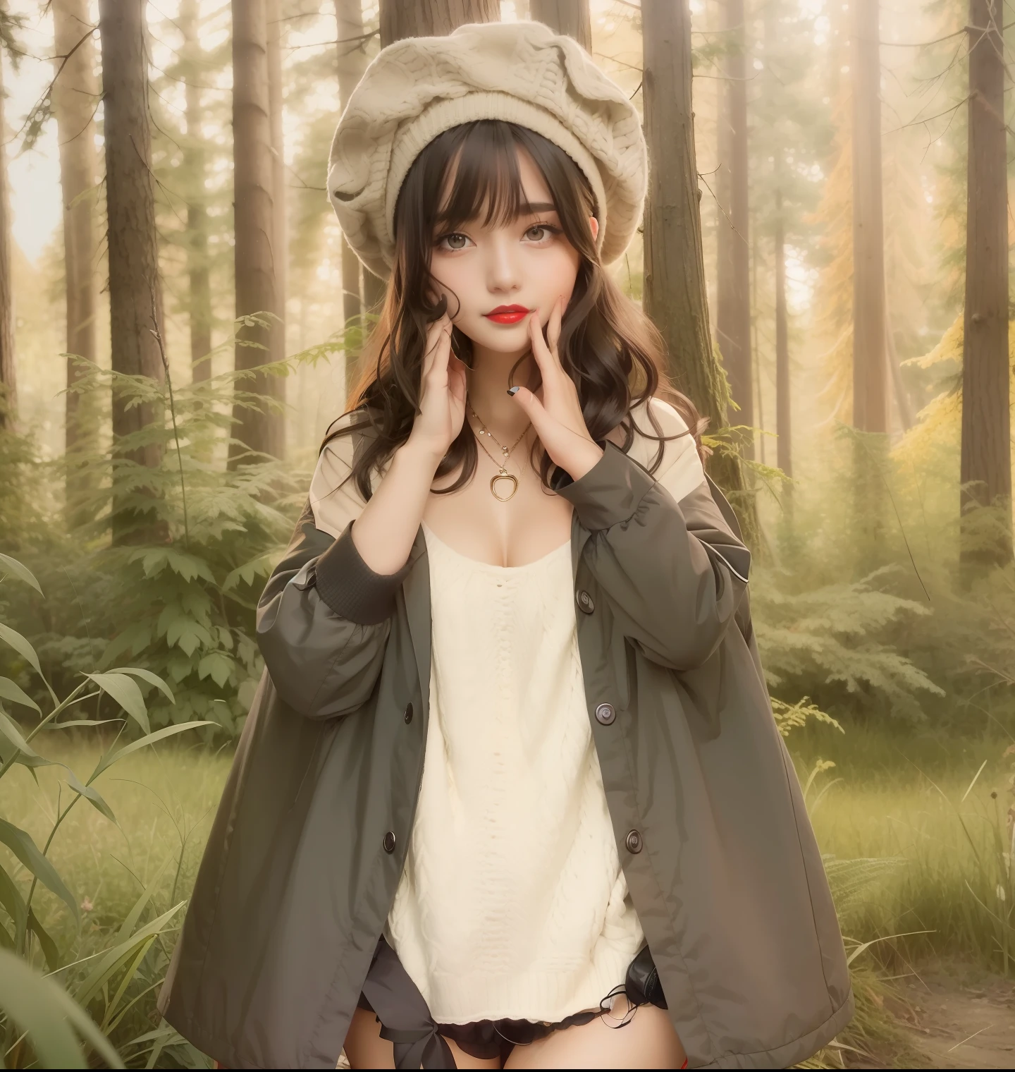 Beautiful and cute girl, Black hair, red lips, black eyes, brown jacket, brown hat, cream sweater dress, camping background